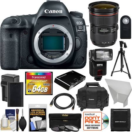 Canon EOS 5D Mark IV 4K Wi-Fi Digital SLR Camera Body with 24-70mm f/2.8L II Lens + 64GB Card + Case + Flash + Tripod + Kit 3