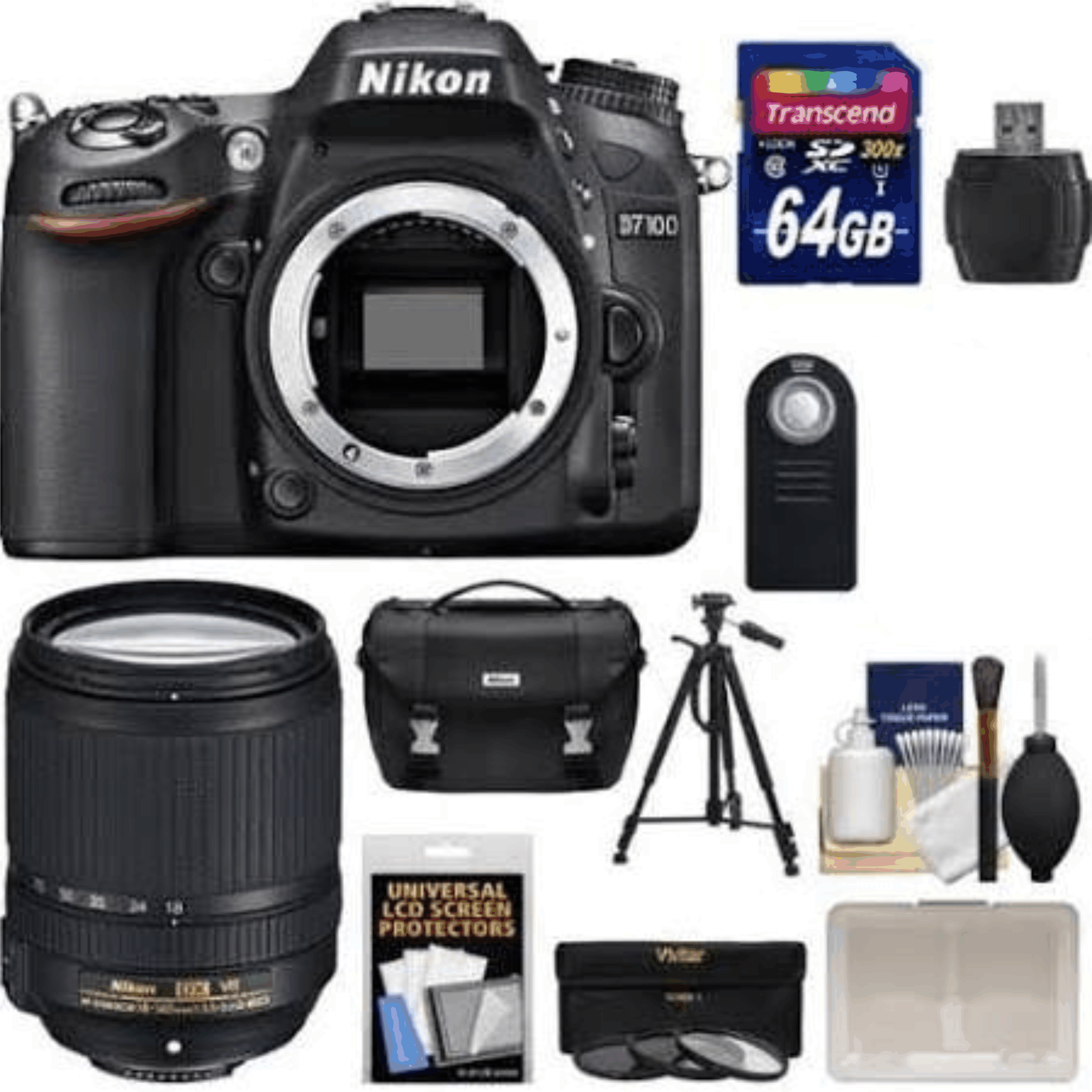 Nikon D7100 Digital SLR Camera Body with 18-140mm VR Lens + 64GB Card + Case + Battery + Tripod + 3 Filters Kit 5