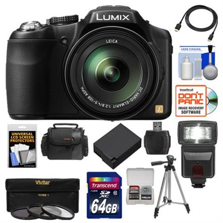 Panasonic Lumix DMC-FZ200 Digital Camera (Black) with 64GB Card + Case + Battery + Flash + 3 UV/CPL/ND8 Filters + Tripod + HDMI Cable + Kit