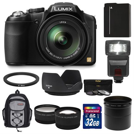 Panasonic Lumix DMC-FZ200 Digital Camera with 32GB Card + Battery + Backpack + Flash + Lens Set + Hood + 3 Filters Kit 