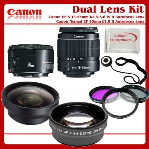 Canon Double Lens Kit: Includes Canon EF-S 18-55mm f/3.5-5.6 IS II Autofocus Lens, Canon Normal EF 50mm f/1.8 II Autofocus Lens, Telephoto Lens, 3 Piece Pro Filter Kit, Lens Cap Holders, Lens Cleaning Kit & Microfiber Cleaning Cloth