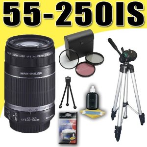 Canon EF-S 55-250mm f/4.0-5.6 IS Telephoto Zoom Lens for Canon T1i T2i T3i DavisMAX 3 Piece Filter Kit Tripod Bundle 