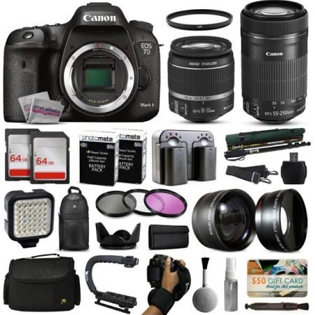 Canon EOS 7D Mark 2 DSLR Digital Camera + 18-55mm is II + 55-250mm is STM Lens + 128GB Memory + 2 Batteries + Charger + LED Video Light + Backpack KIT 24