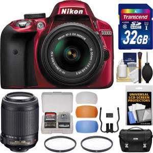 Nikon D3300 Digital SLR Camera & 18-55mm G VR DX II AF-S Zoom Lens (Red) with 55-200mm Lens + 32GB Card + Case + UV Filters + Kit 23