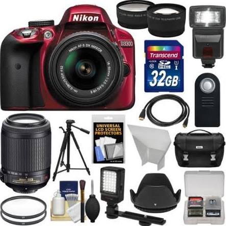 Nikon D3300 Digital SLR Camera & 18-55mm G VR DX II (Red) with 55-200mm VR II Lens + 32GB + Case + Tripod + Flash + LED Light + Tele/Wide Lens Kit 32