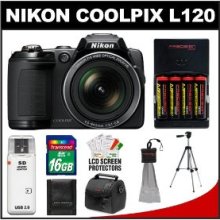 Nikon Coolpix L120 14.1 MP Camera (Black) + 16GB Card + Batteries/Charger + Case + Tripod + ACC Kit 