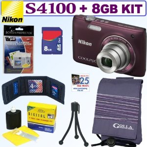 Nikon Coolpix S4100 14MP Digital Camera Plum 8GB Accessory Kit 