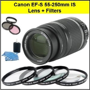 Canon EF-S 55-250mm f/4.0-5.6 IS Telephoto Zoom Lens for Canon Digital SLR Cameras + 4 PC Close Up Filter Set + 3 PC Filter Kit + Lens Cleaning Kit 