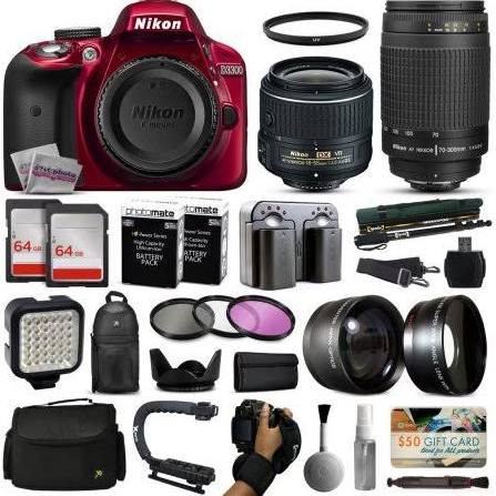 Nikon D3300 Red DSLR Digital Camera + 18-55mm VR II + 70-300mm f/4-5.6G Lens + 128GB Memory kit 47