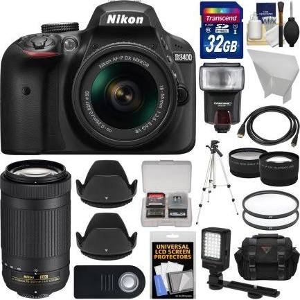 Nikon D3400 Digital SLR Camera & 18-55mm VR & 70-300mm DX AF-P Lenses with 32GB Card + Case + Flash + Video Light + Tripod + Tele/Wide Lens Kit, Black kit 10