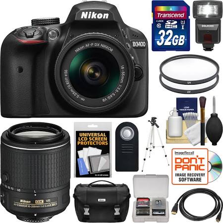 Nikon D3400 Digital SLR Camera & 18-55mm VR DX AF-P Zoom (Black) with 55-200mm VR Lens + 32GB Card + Case + Flash + Tripod + Kit 17