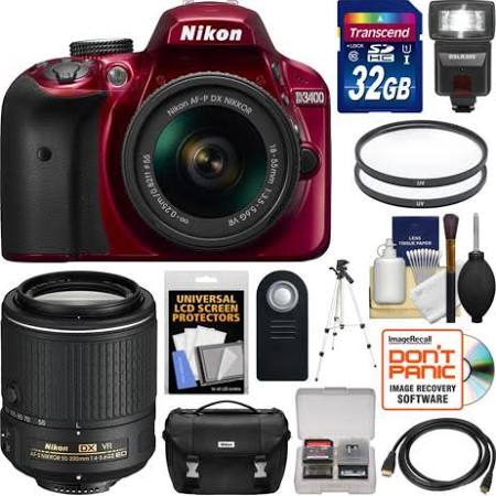 Nikon D3400 Digital SLR Camera & 18-55mm VR DX AF-P Zoom Lens (Red) with 55-200mm VR Lens + 32GB Card + Case + Flash + Tripod + Kit 18