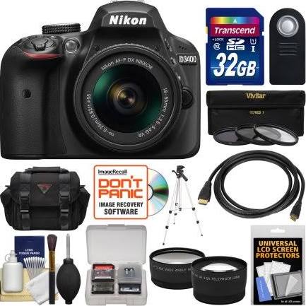 Nikon D3400 Digital SLR Camera & 18-55mm VR DX AF-P Zoom Lens (Black) with 32GB Card + Case + Tripod + Filters + Tele/Wide Lens Kit 9