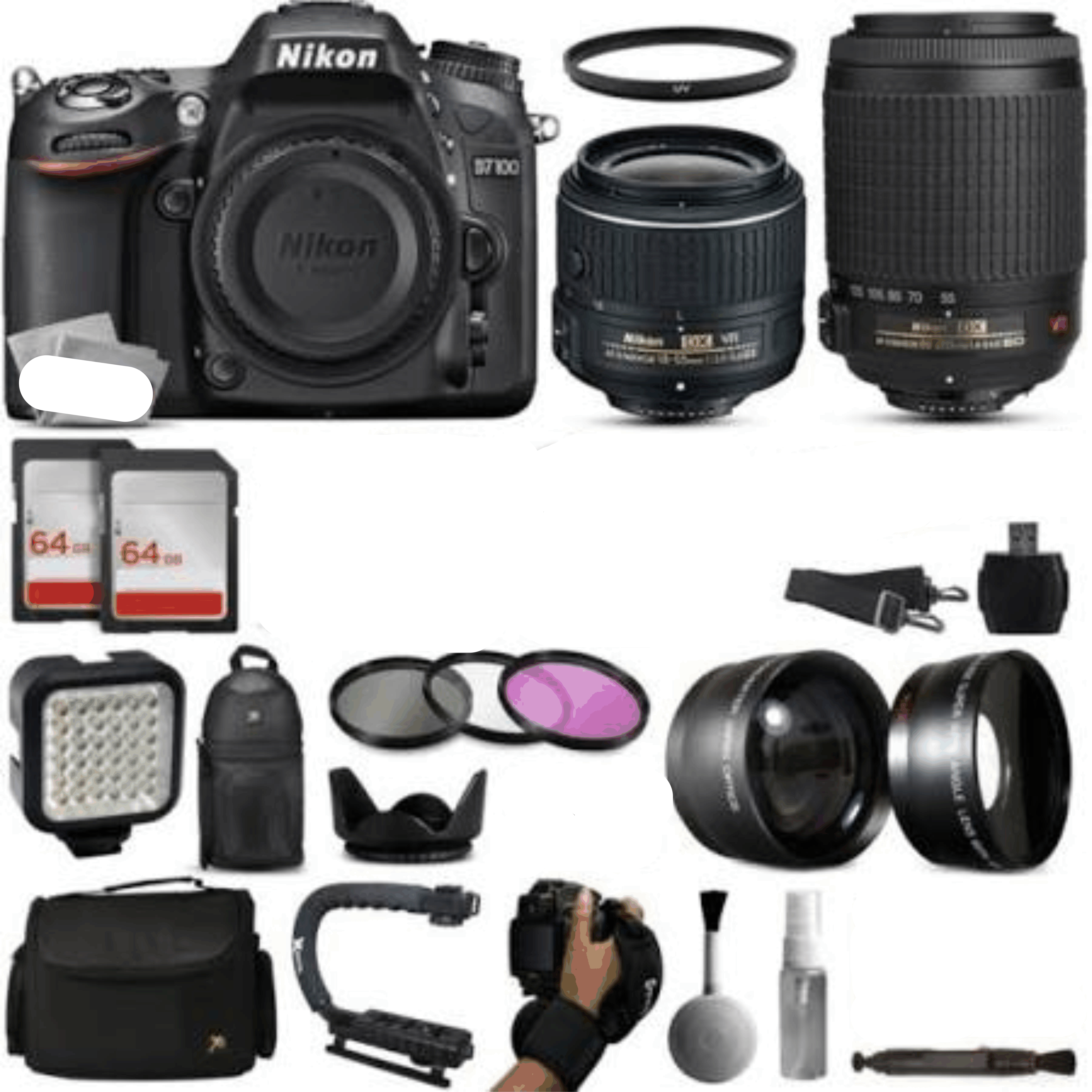 Nikon D7100 DSLR Digital Camera with 18-55mm VR II + Sigma 70-300mm Lens + 128GB Memory + LED Video Light + Backpack + Case kit 10