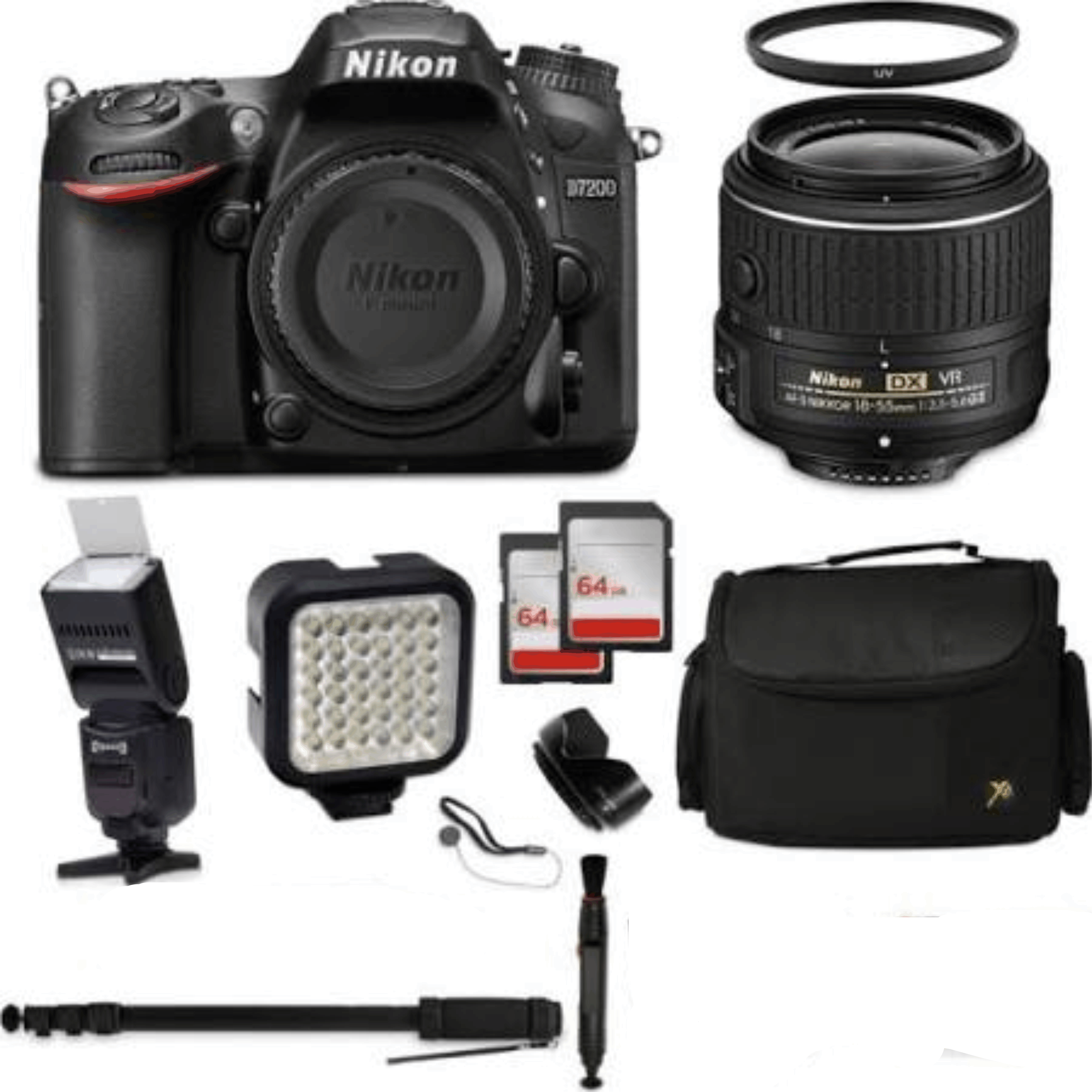 Nikon D7200 24.2 DX-Format WiFi DSLR Digital Camera with 18-55mm f/3.5-5.6G VR II DX + UV Filter + 128GB Memory + i-TTL Flash + Video Light kit 10