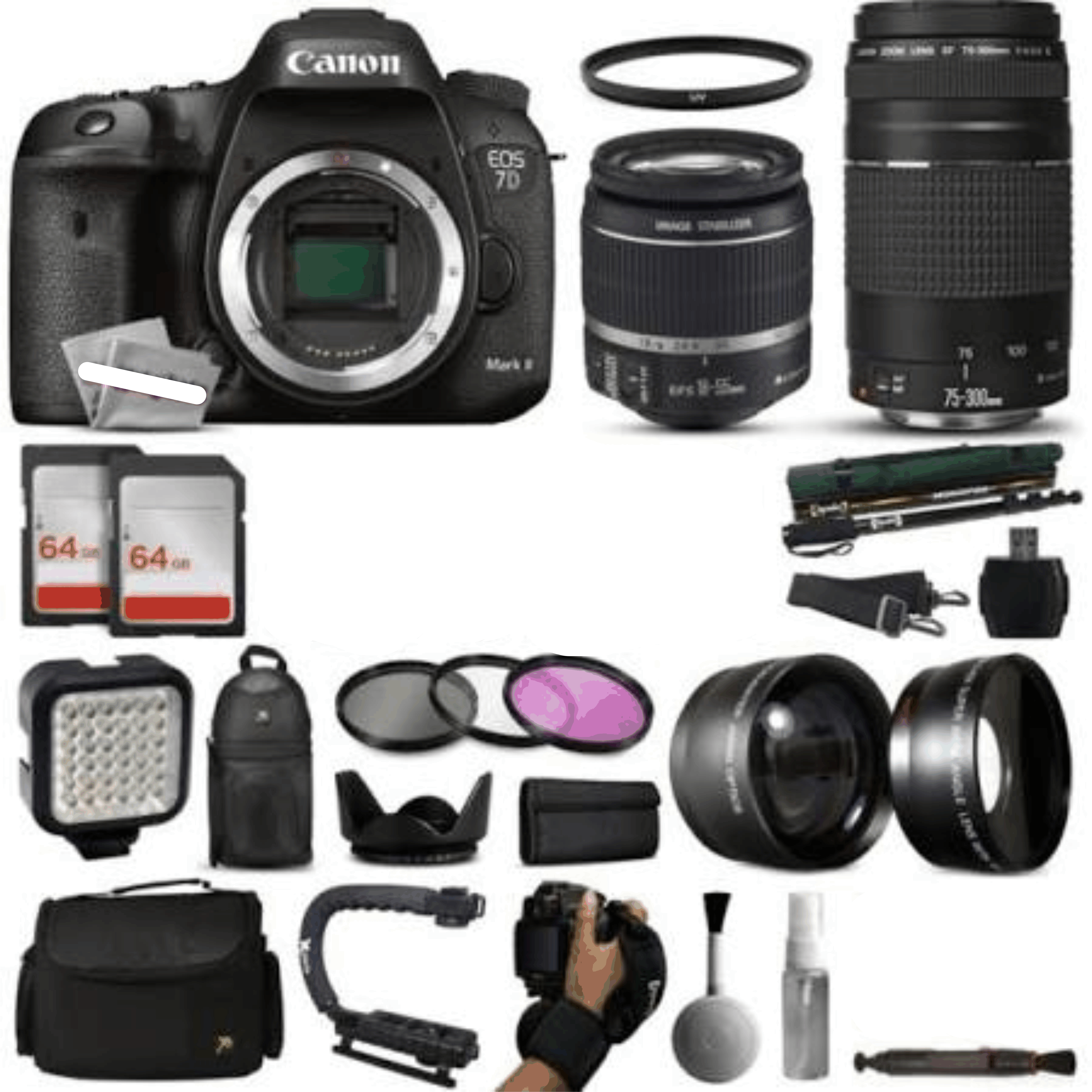 Canon EOS 7D Mark II DSLR Digital Camera + 18-55mm is II + 75-300mm USM Lens + 128GB Memory + LED Video Kit 10