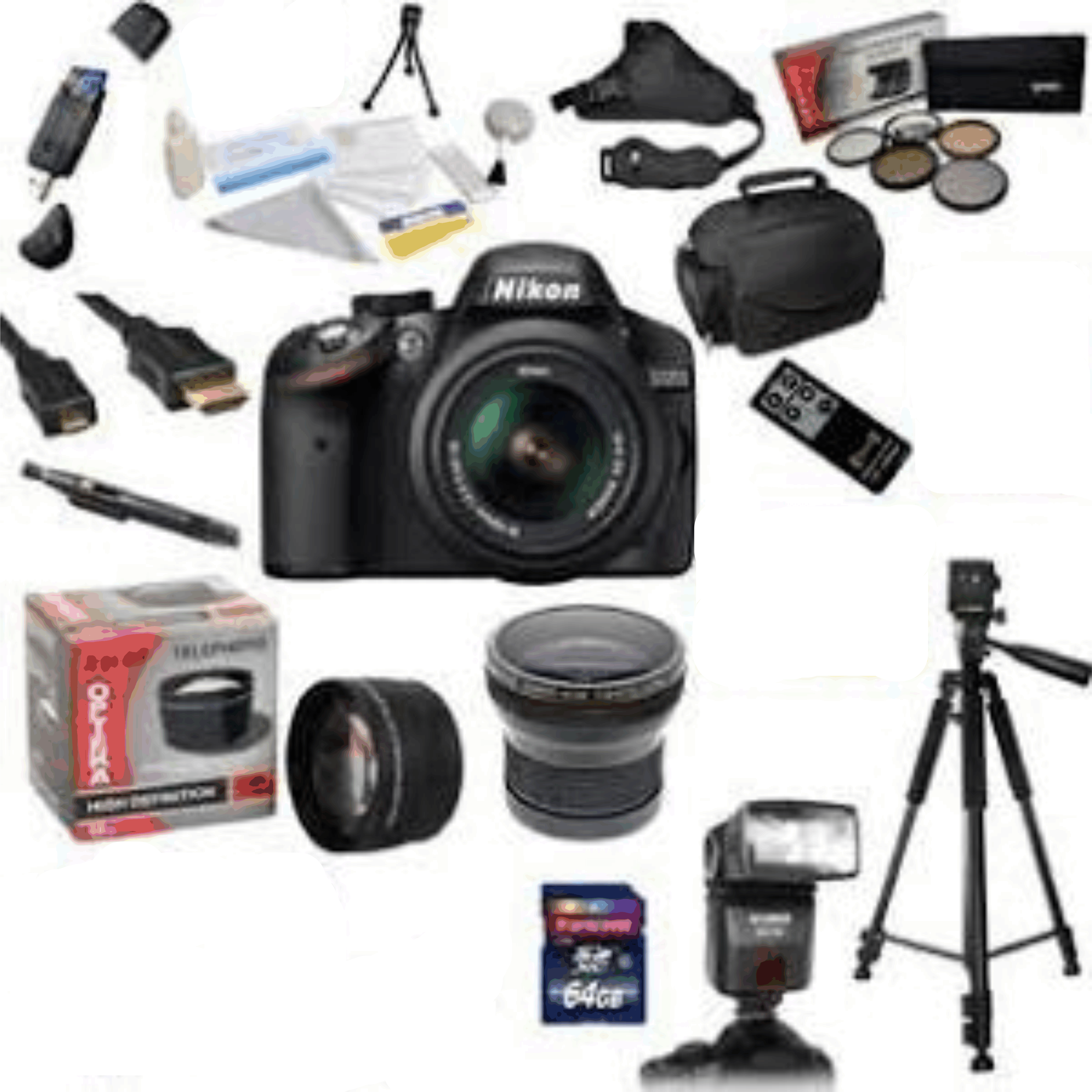 Nikon D3200 Digital SLR Camera with 18-55mm Nikkor VR Lens with 64GB SDXC Card, Reader, 0.20X + 2.2x Lens, 5 PC Filter kit 11