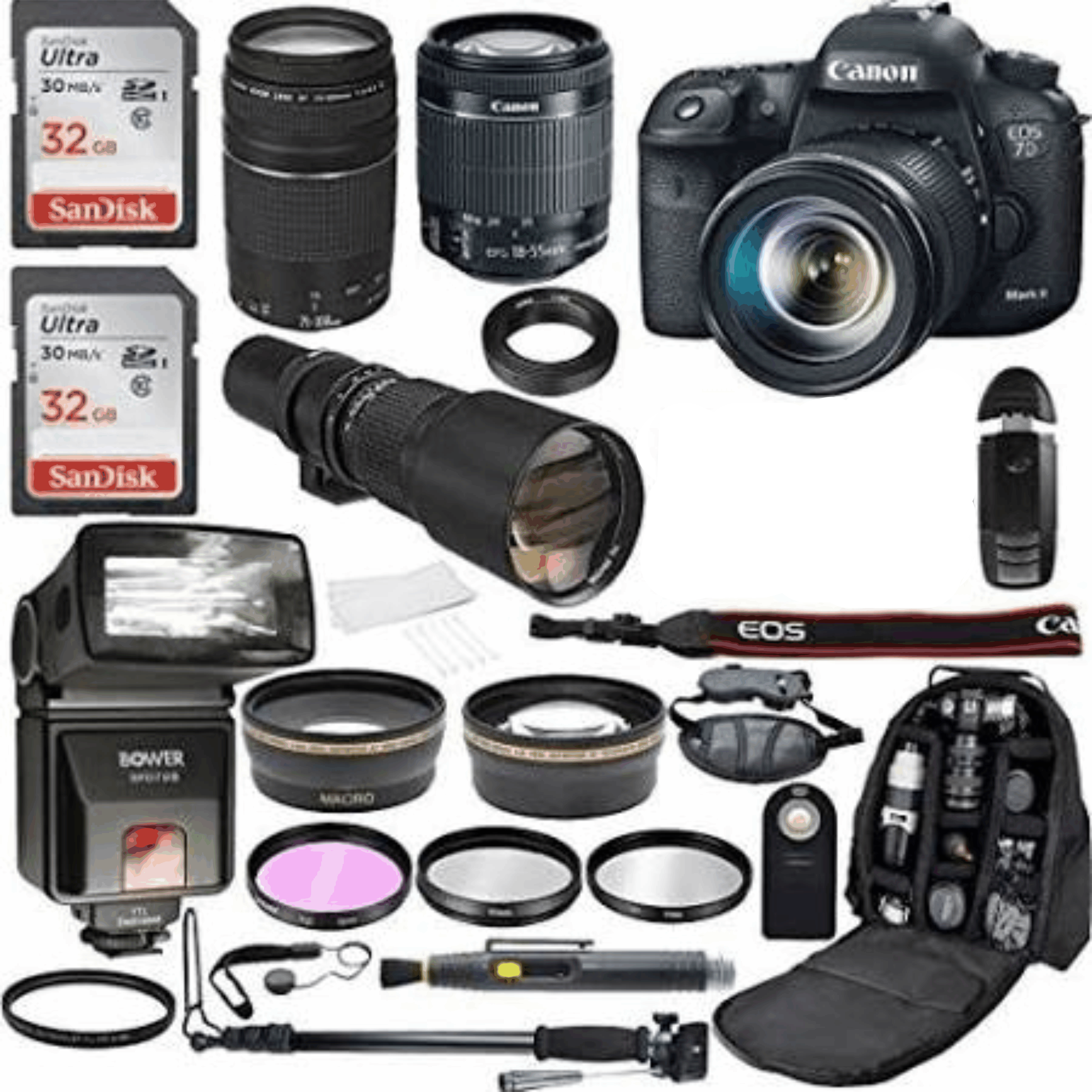 Canon EOS 7D Mark II 20.2MP CMOS Digital SLR Camera with EF-S 18-55mm Is STM & EF 75-300mm f/4-5.6 III + 500mm Preset Telephoto Zoom KIT 11