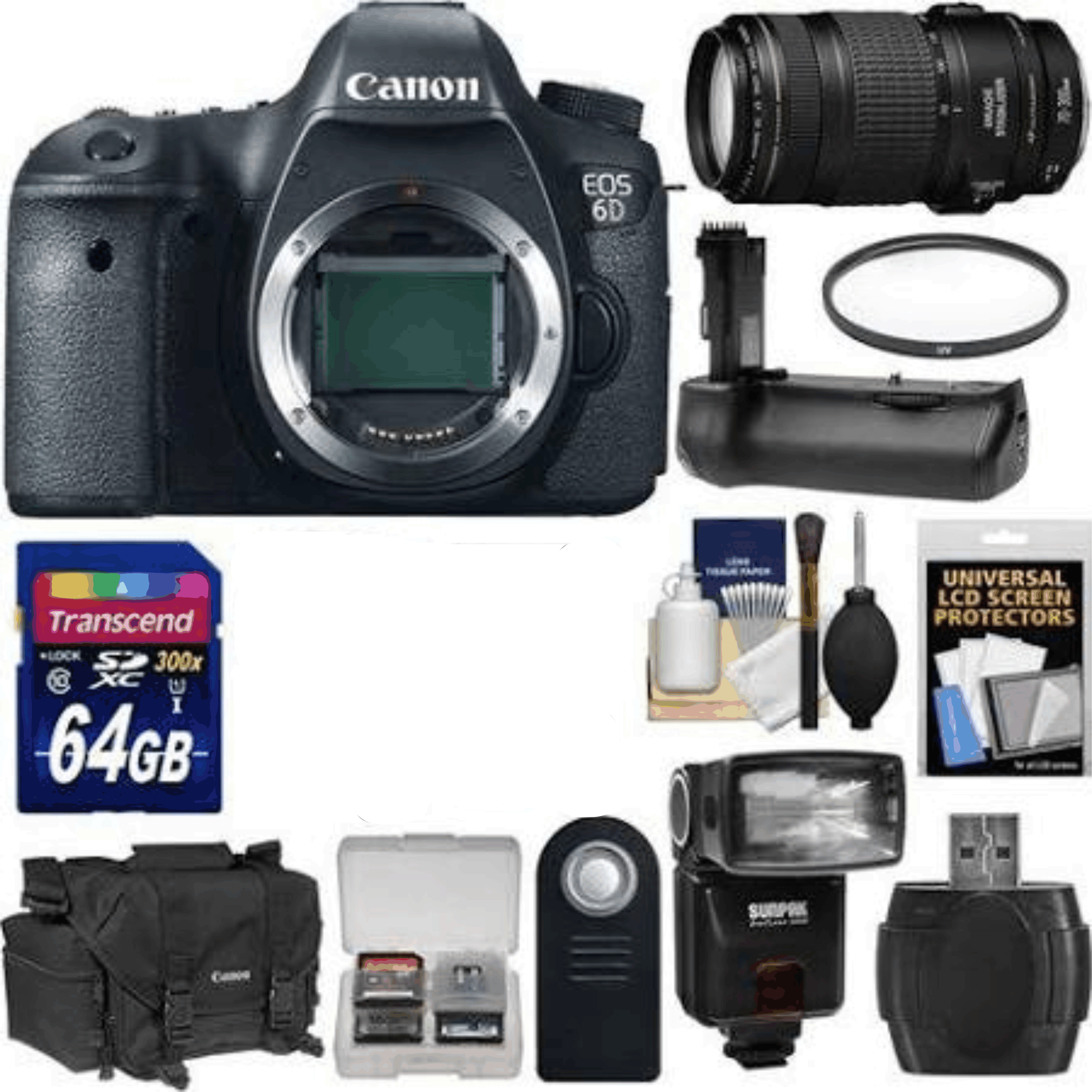 Canon EOS 6D Digital SLR Camera Body with EF 70-300mm IS USM Lens + 64GB Card + Case + Flash + Grip + Kit 11