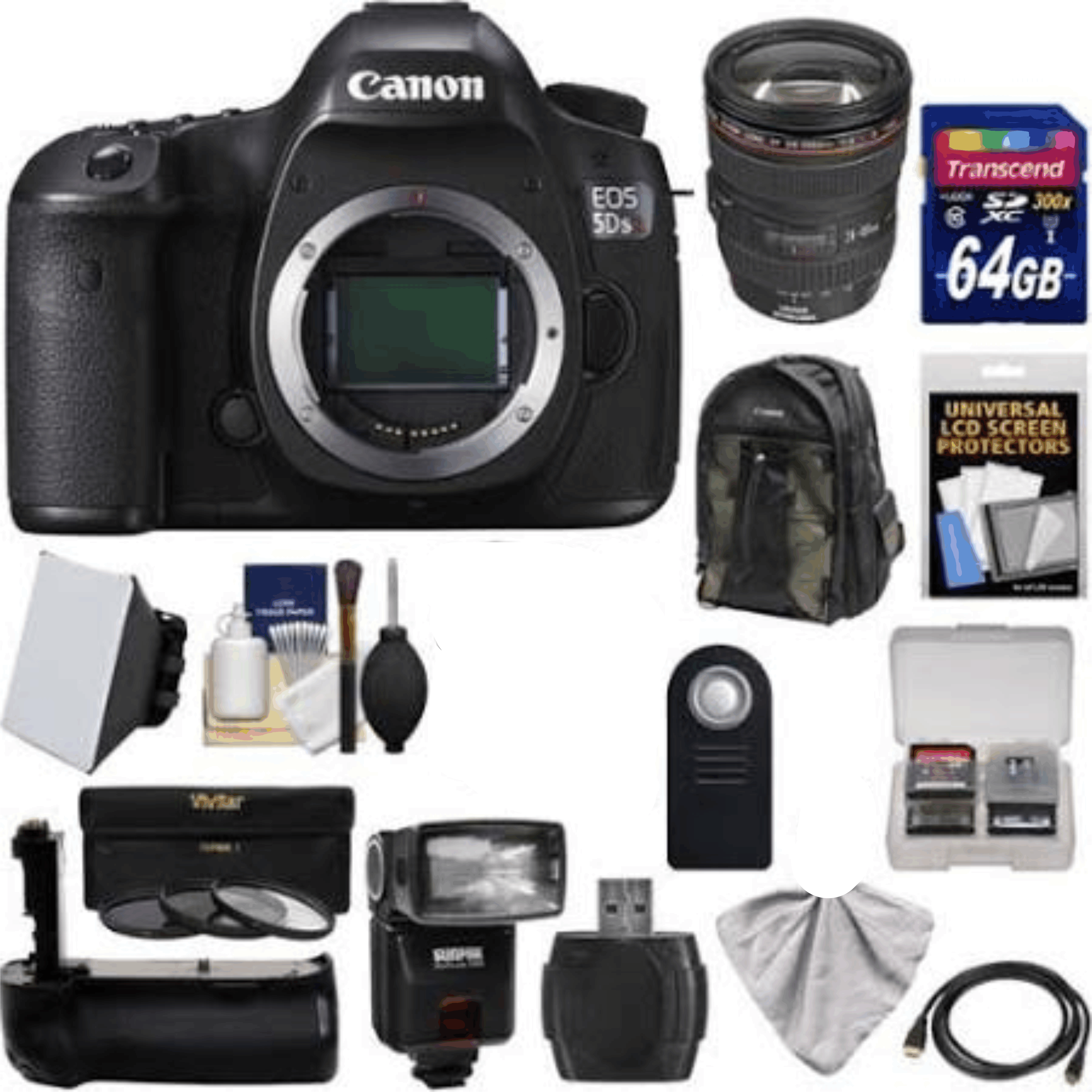 Canon Eos 5DS R Digital SLR Camera Body with 24-105mm f/4 L Lens + 64GB Card + Backpack + Grip + Flash + Kit 11