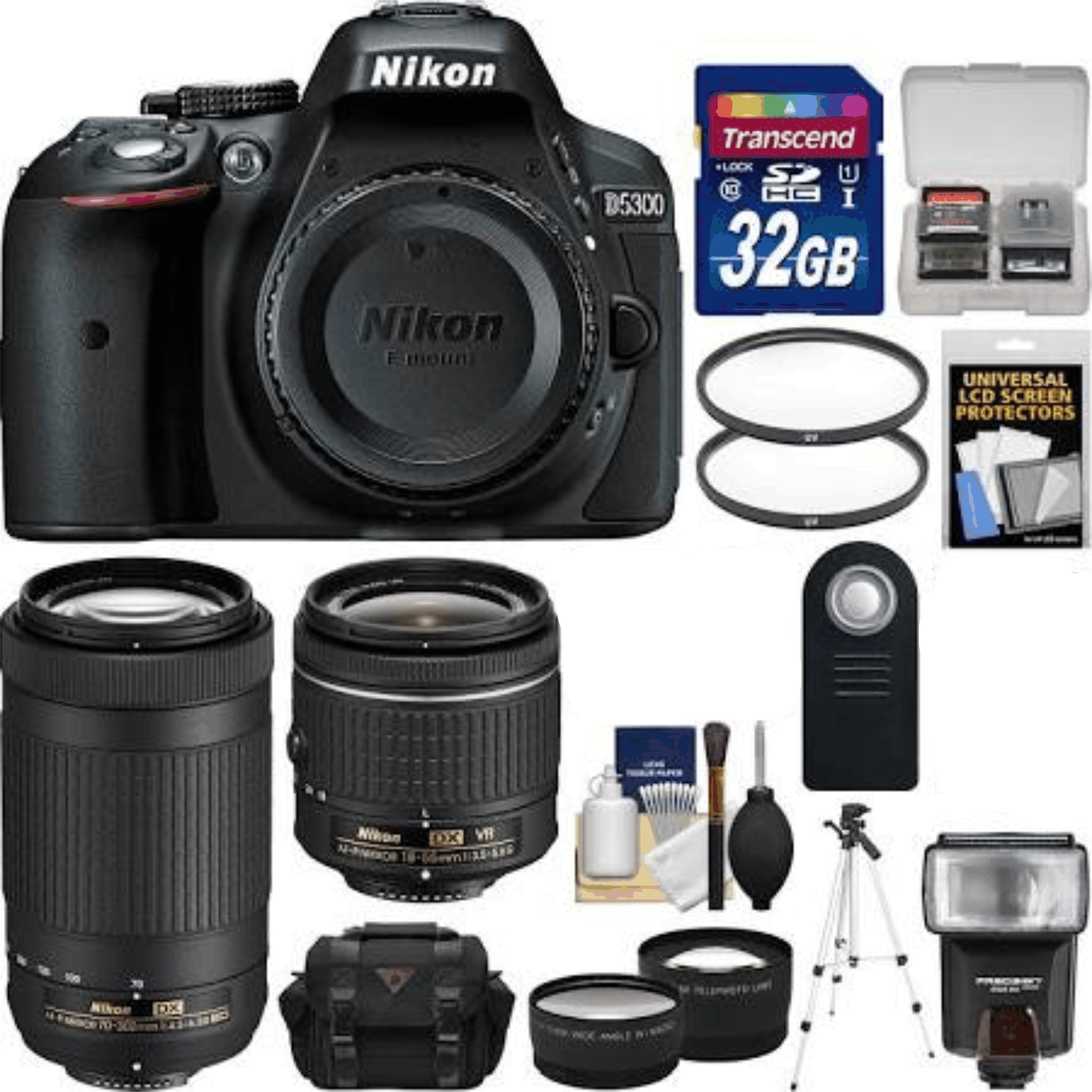 Nikon D5300 Digital SLR Camera & 18-55mm VR & 70-300mm DX AF-P Lenses with 32GB Card + Case + Flash + Tripod + Tele/Wide Lens kit 11