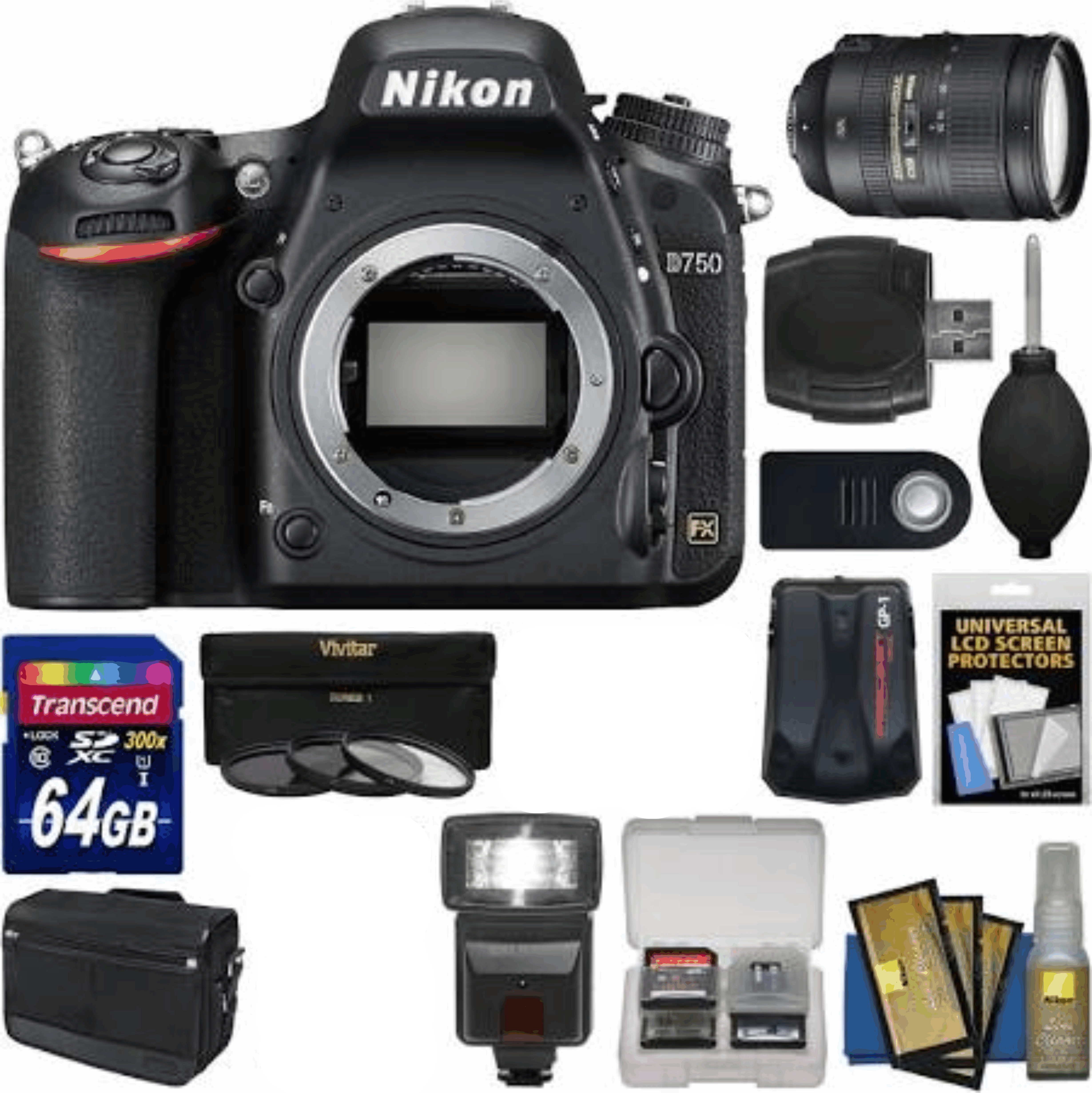 Nikon D750 Digital SLR Camera Body with 28-300mm VR Lens + 64GB Card + Case + Flash + Filters Kit 11