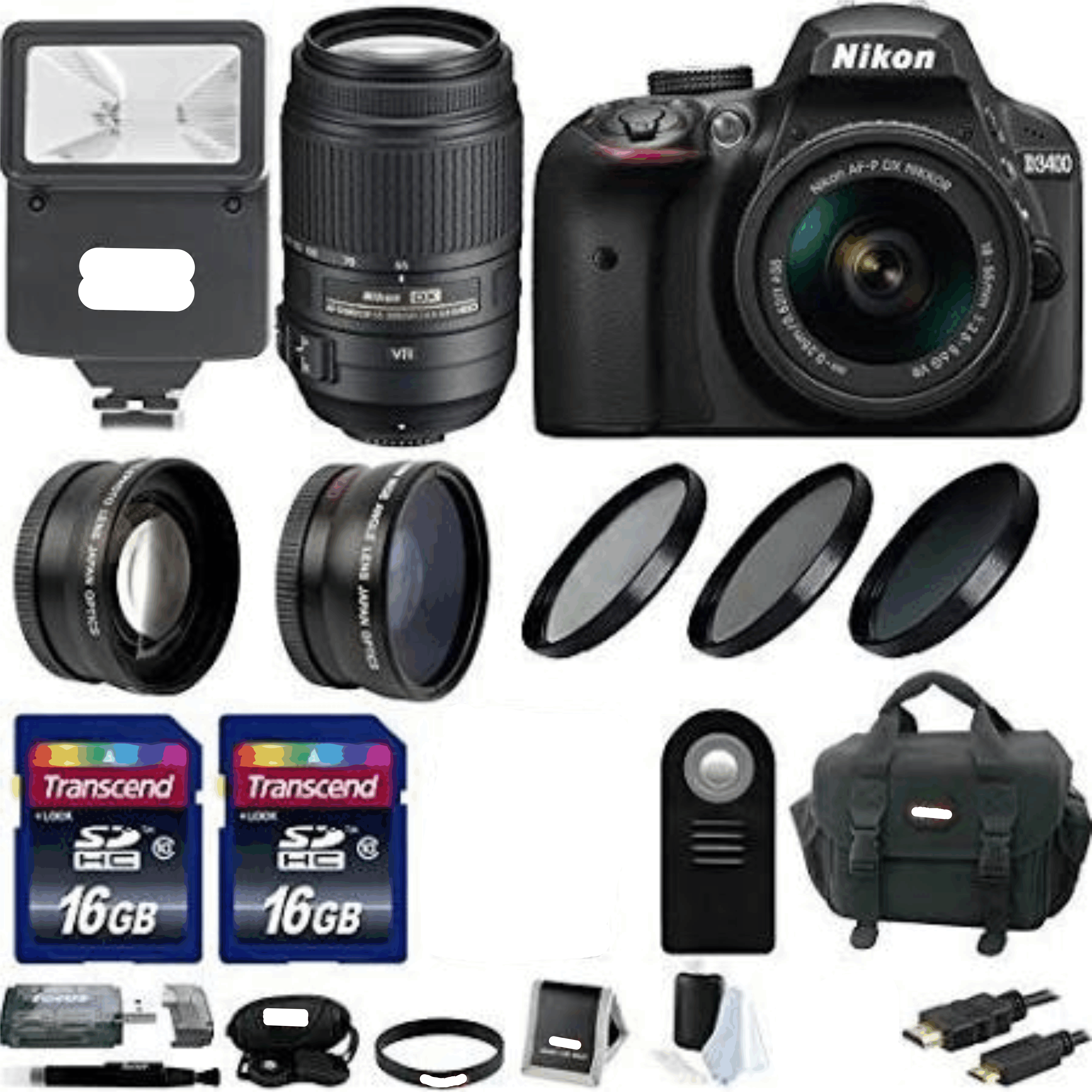 Nikon D3400 DSLR Camera (Black) with 4 Lens Kit: 18-55mm, 55-300mm and Wide & Tele Lenses + 32GB Kit 12