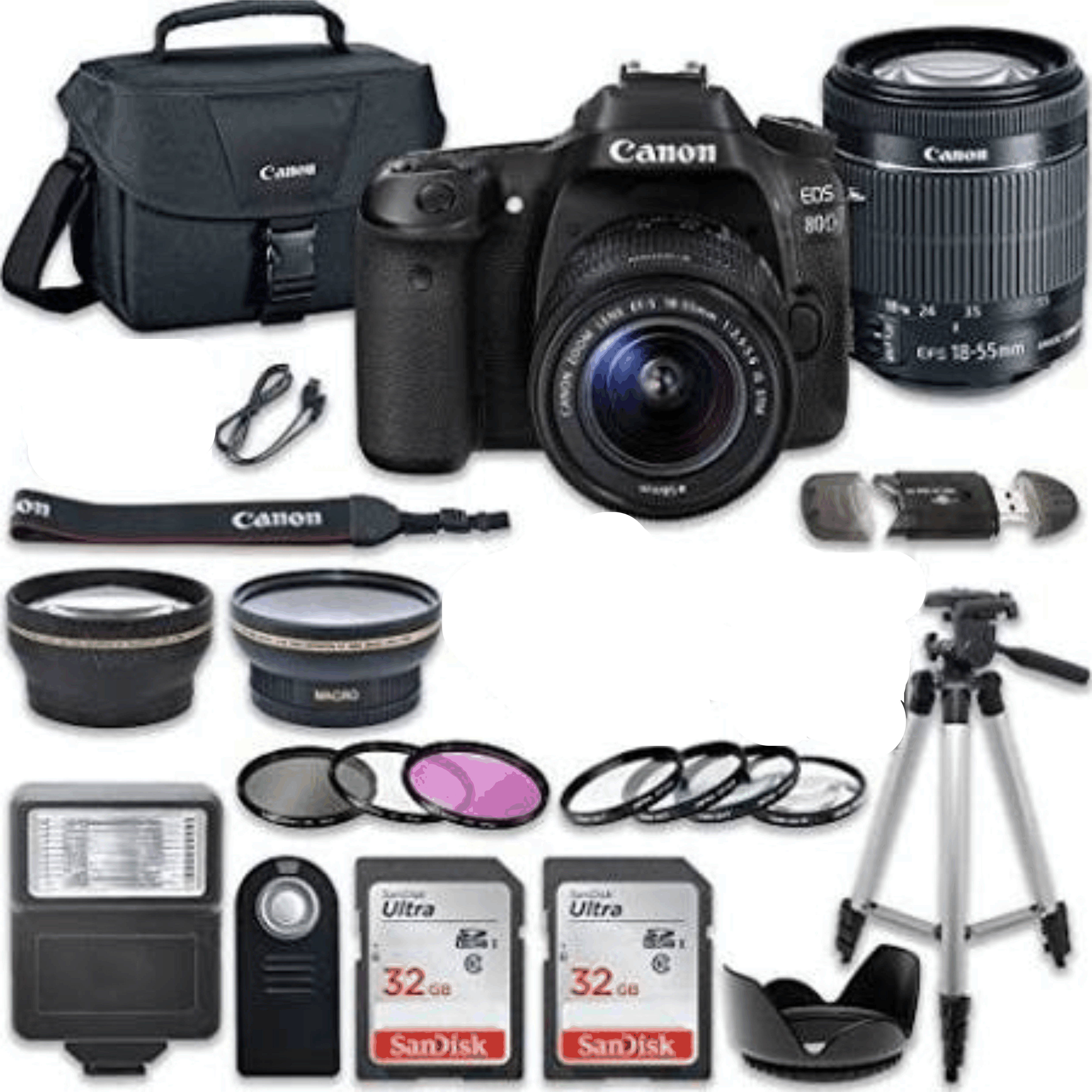 Canon EOS 80D Wi-Fi Full HD 1080p Digital SLR Camera with Canon EF-S 18-55mm f/3.5-5.6 Is STM Lens + 2pc SanDisk 32GB Memory Cards + Accessory Kit 12