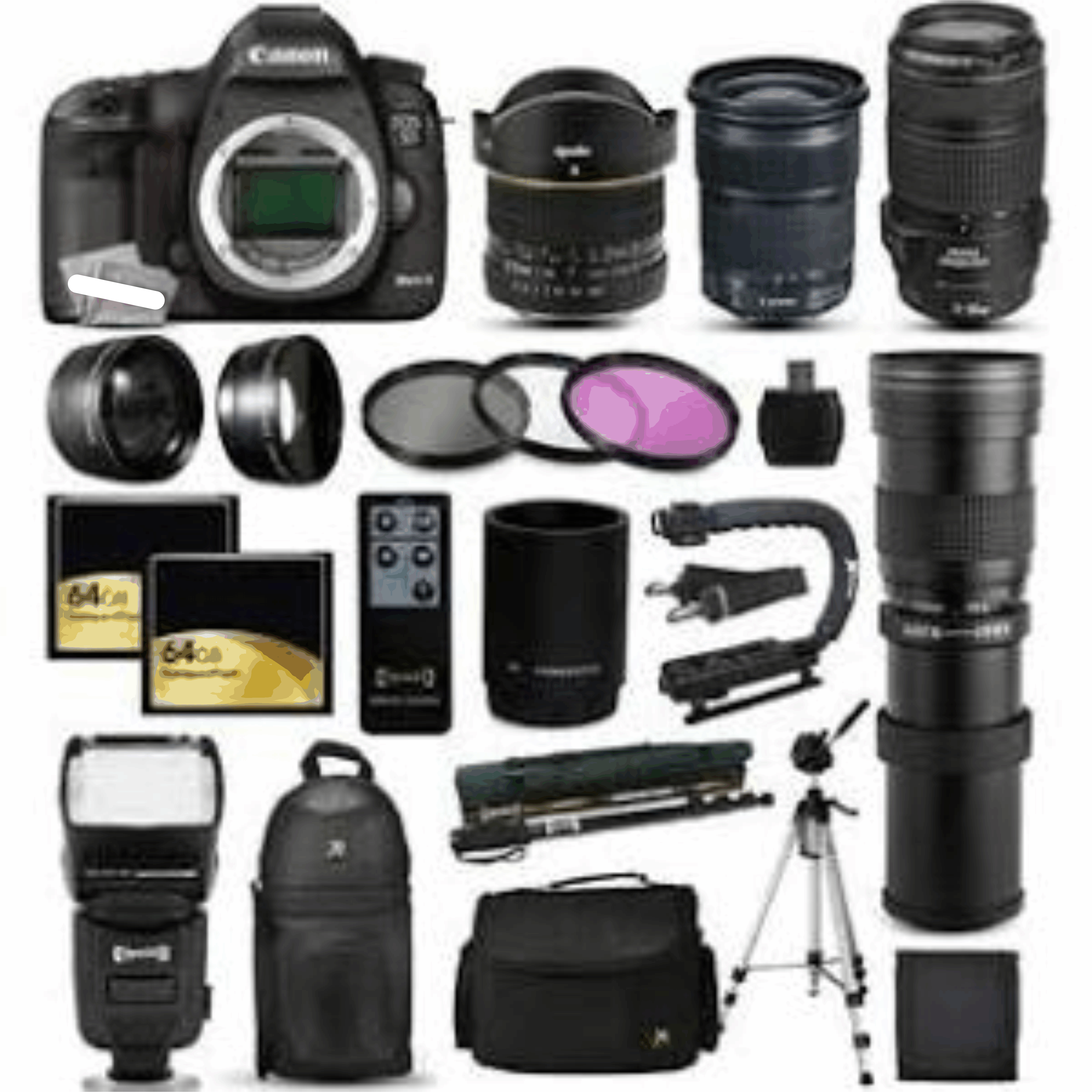 Canon EOS 5D Mark III DSLR Camera + 70-300mm is USM + 6.5mm Fisheye + 24-105mm STM + 420-1600mm + Case + 128GB kit 12