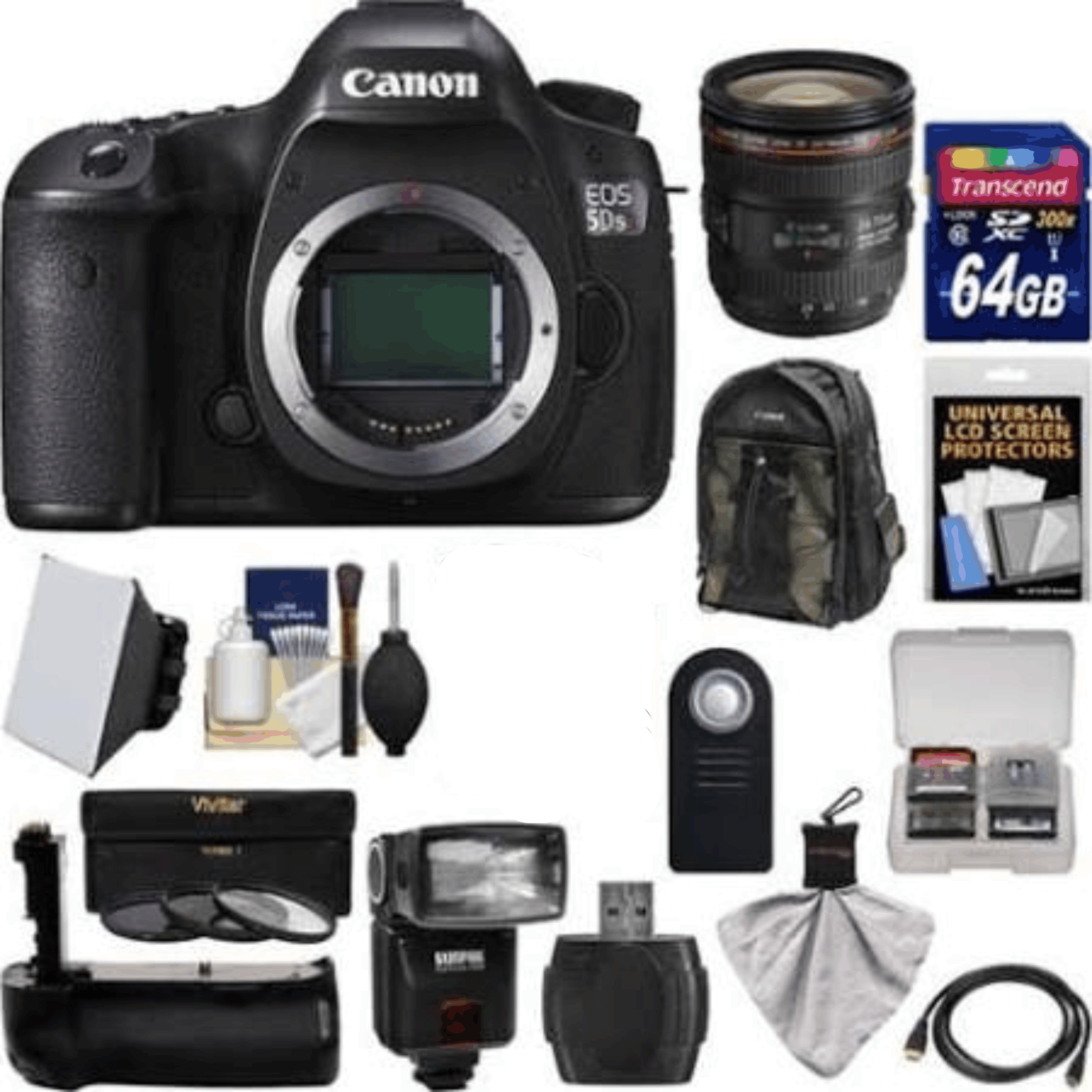 Canon Eos 5DS R Digital SLR Camera Body with 24-70mm f/4L Is Lens + 64GB Card + Backpack + Grip + Flash + Kit 12