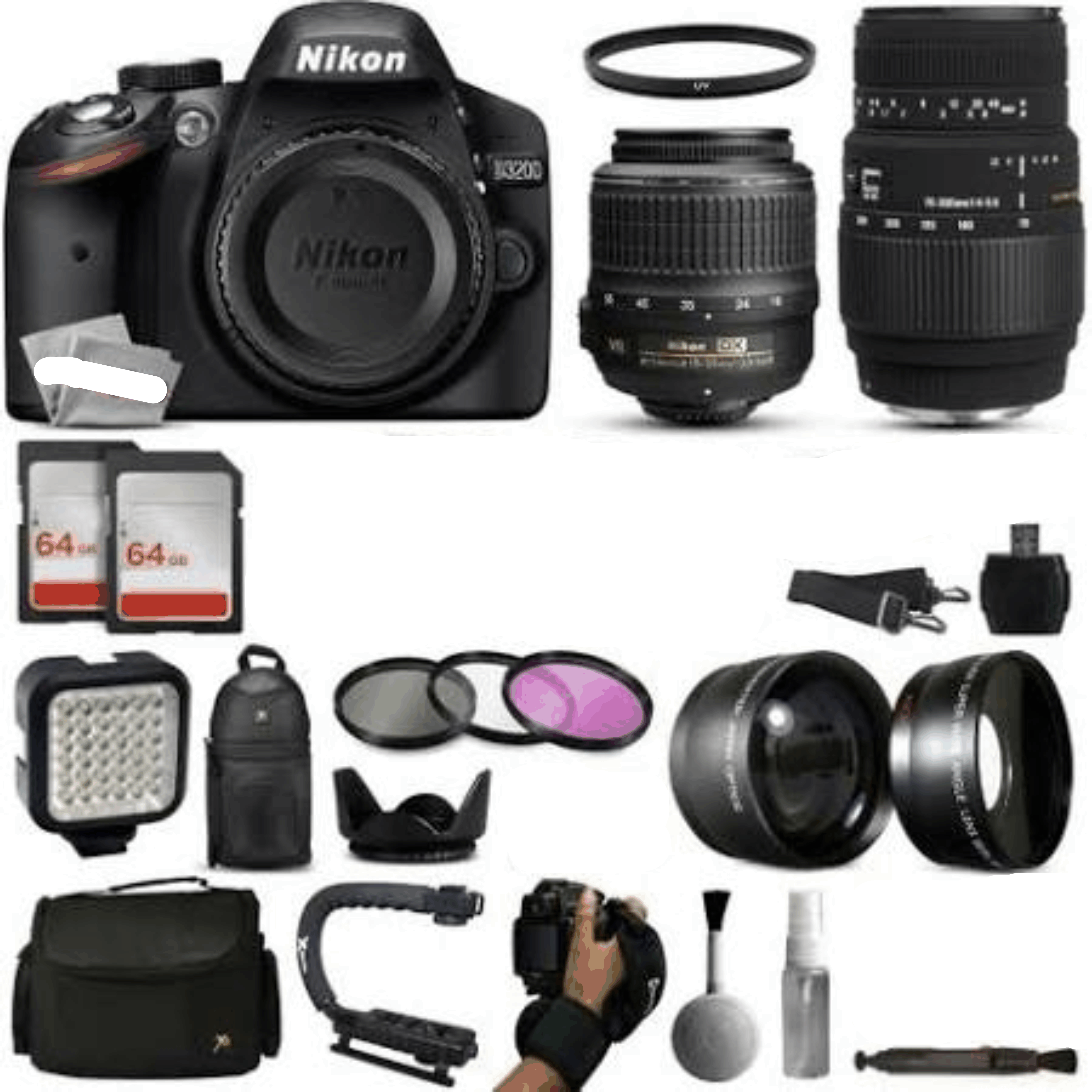 Nikon D3200 DSLR Digital Camera + 18-55mm VR + Sigma 70-300mm Lens + LED Video Light + Backpack + Filters + Case + More KIT 12