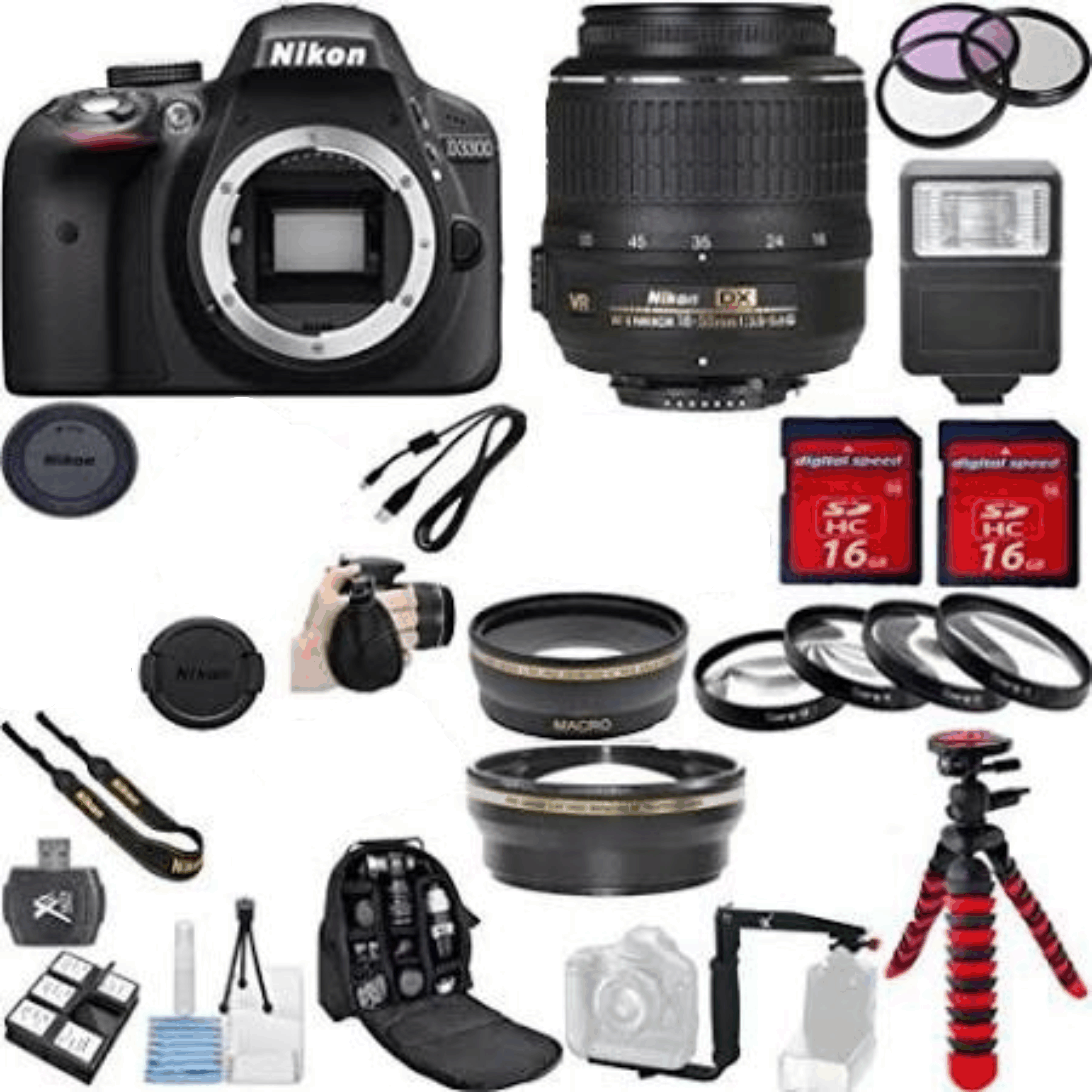 Nikon D3300 24.2 MP CMOS Digital SLR Body (Black) with AF-S DX Nikkor 18-55mm f/3.5-5.6G VR II Zoom Lens Bundle with 32GB Memory kit 12