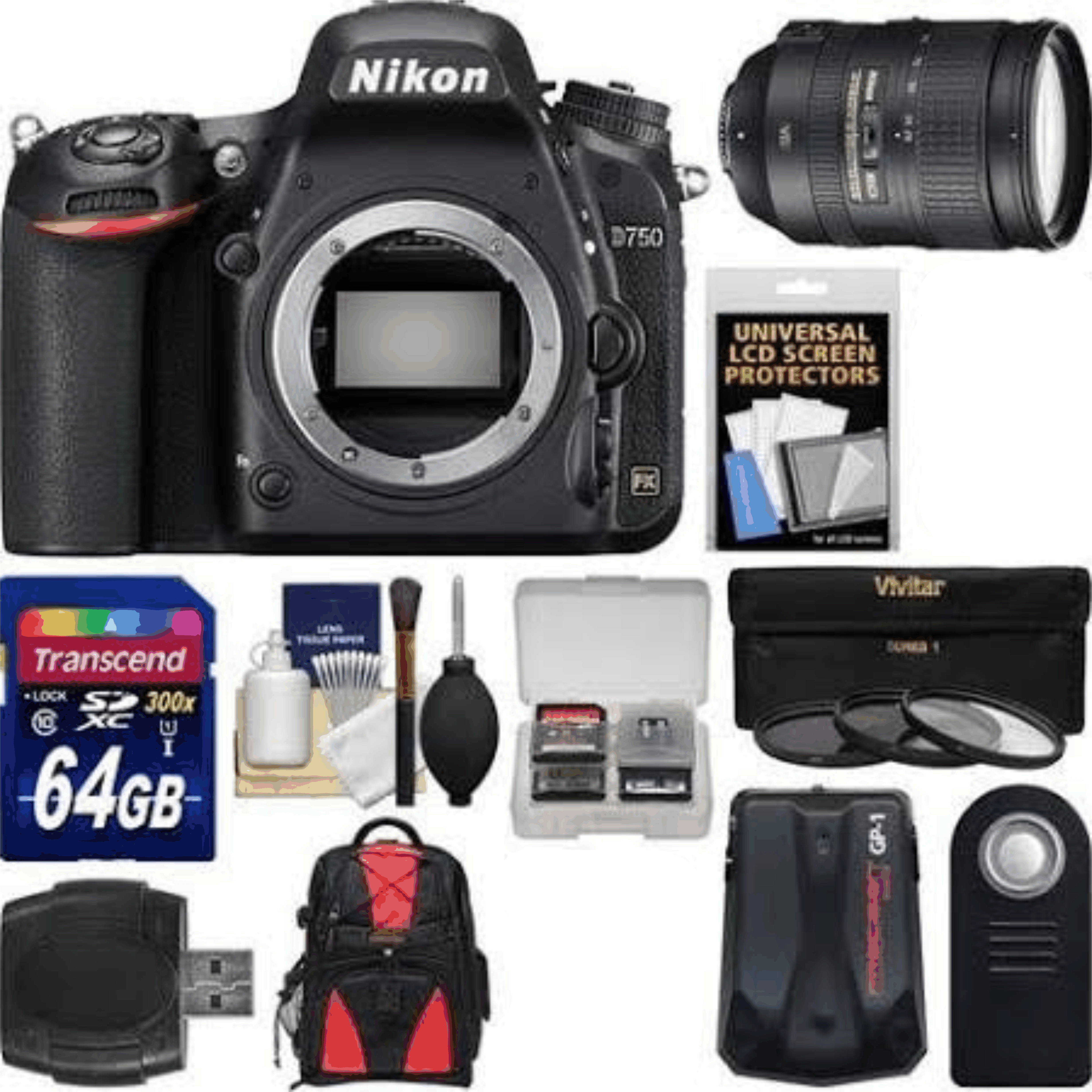 Nikon D750 Digital SLR Camera Body with 28-300mm VR Lens + 64GB Card + Case + 3 Filters Kit 12