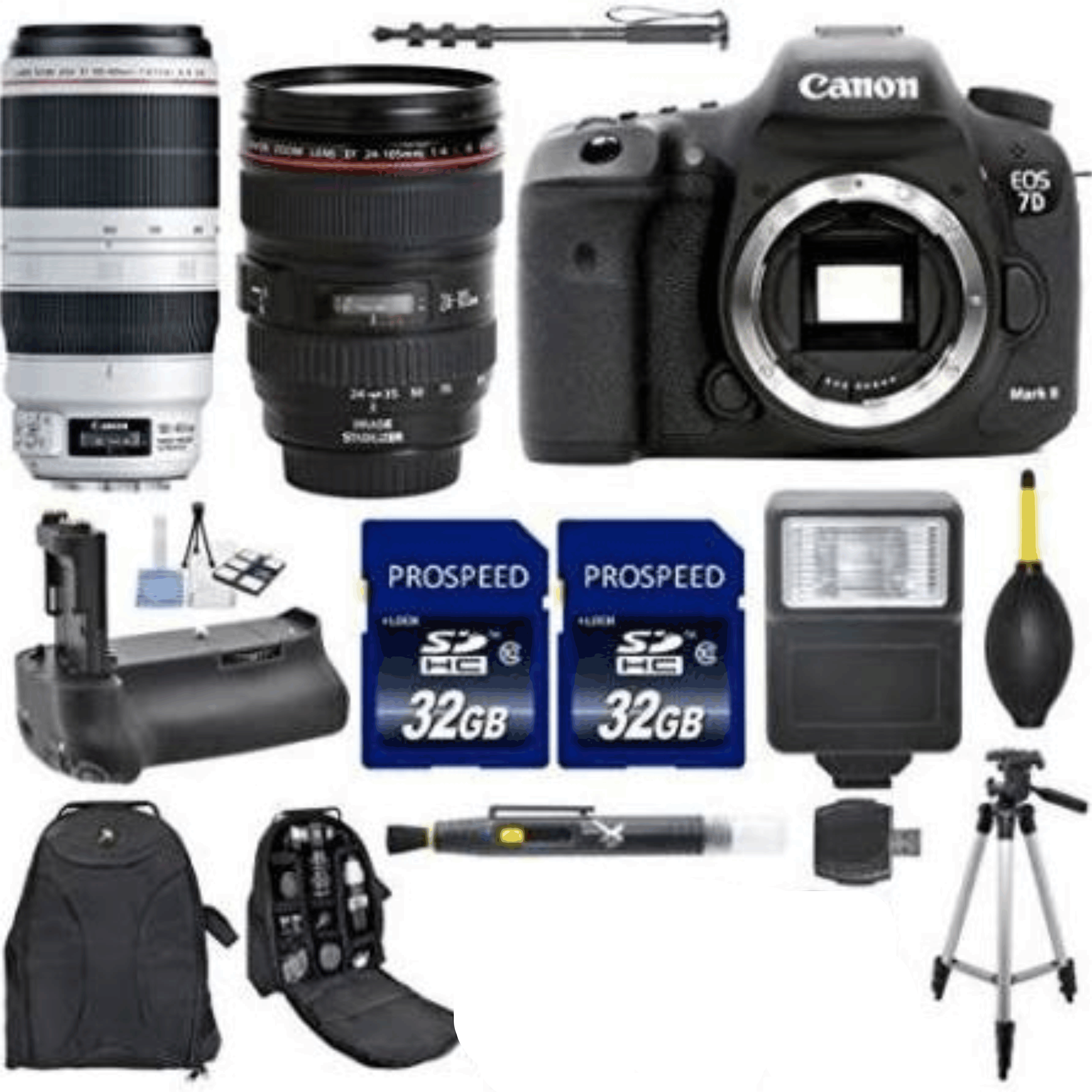 Canon EOS 7D Mark II 20.2MP CMOS Digital SLR Camera & EF 24-105mm f/4 L Is USM + EF 100-400mm f/4.5-5.6L Is II USM + 2pc 32GB High Speed Memory Cards KIT 12