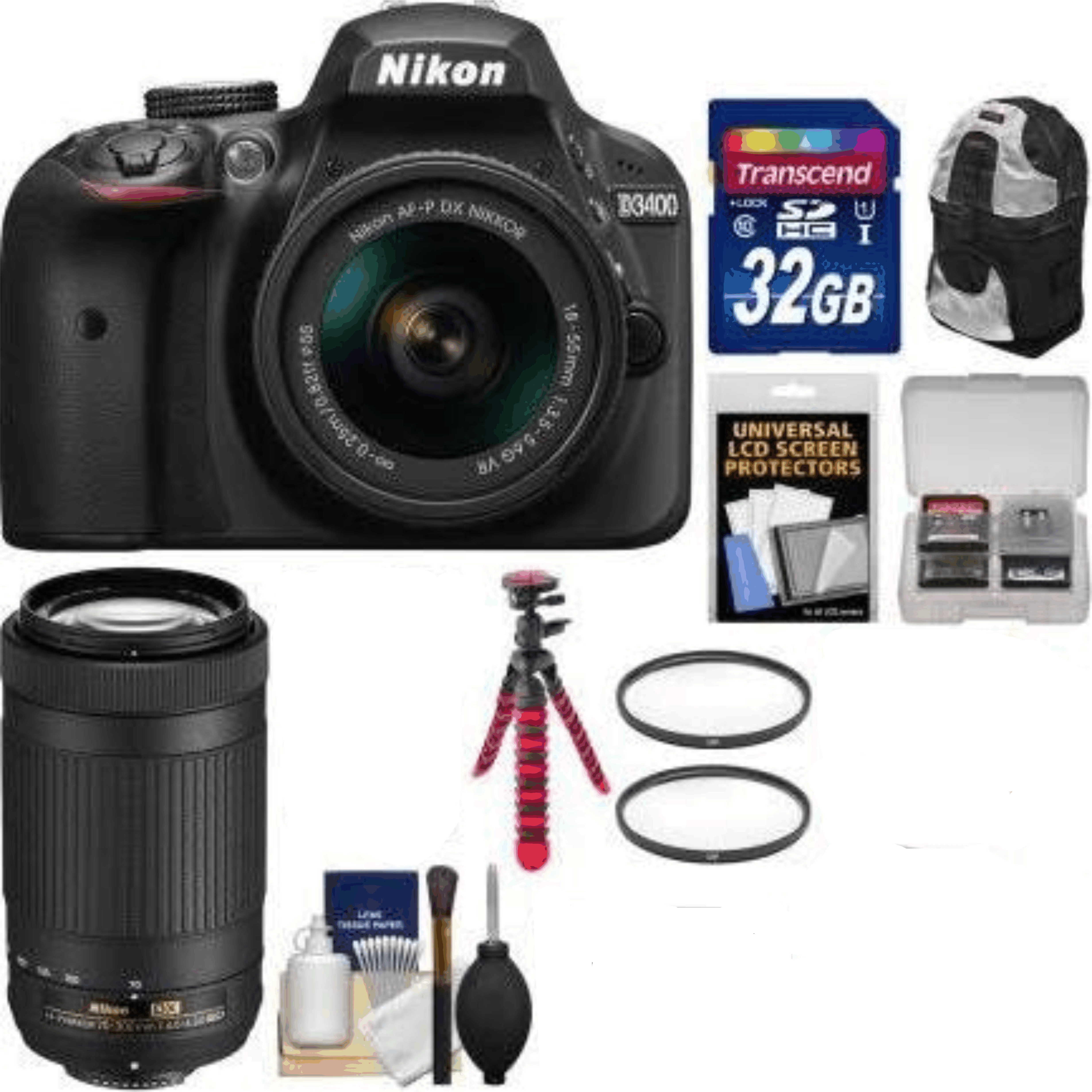 Nikon D3400 Digital SLR Camera & 18-55mm VR & 70-300mm DX AF-P Lenses with 32GB Card + Backpack + Flex Tripod + Filters + Kit 13