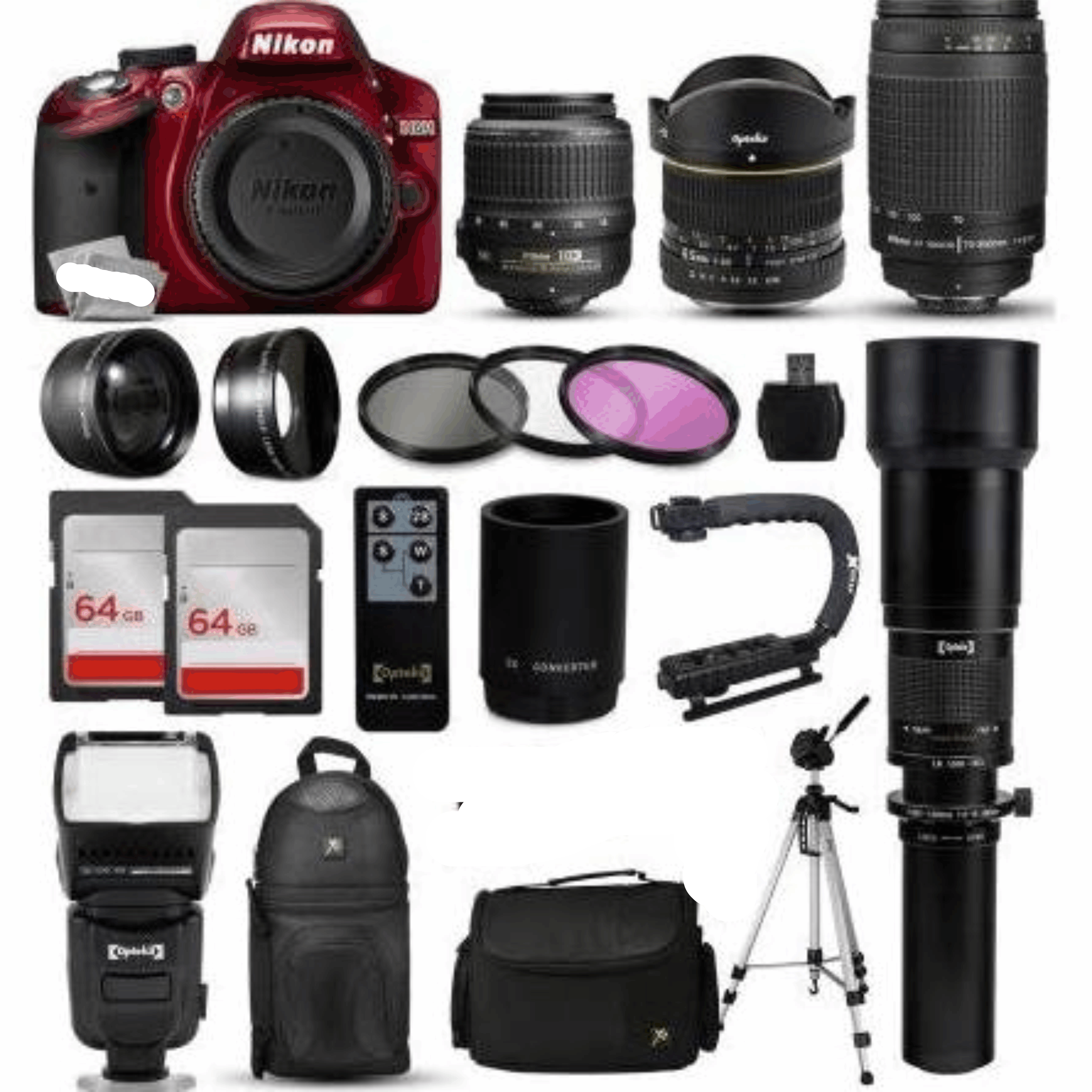 Nikon D3200 Red DSLR Digital Camera + 18-55mm VR + 6.5mm Fisheye + 55-300mm VR + 650-2600mm Lens + 3 Piece Filter Kit + 128GB kit 13