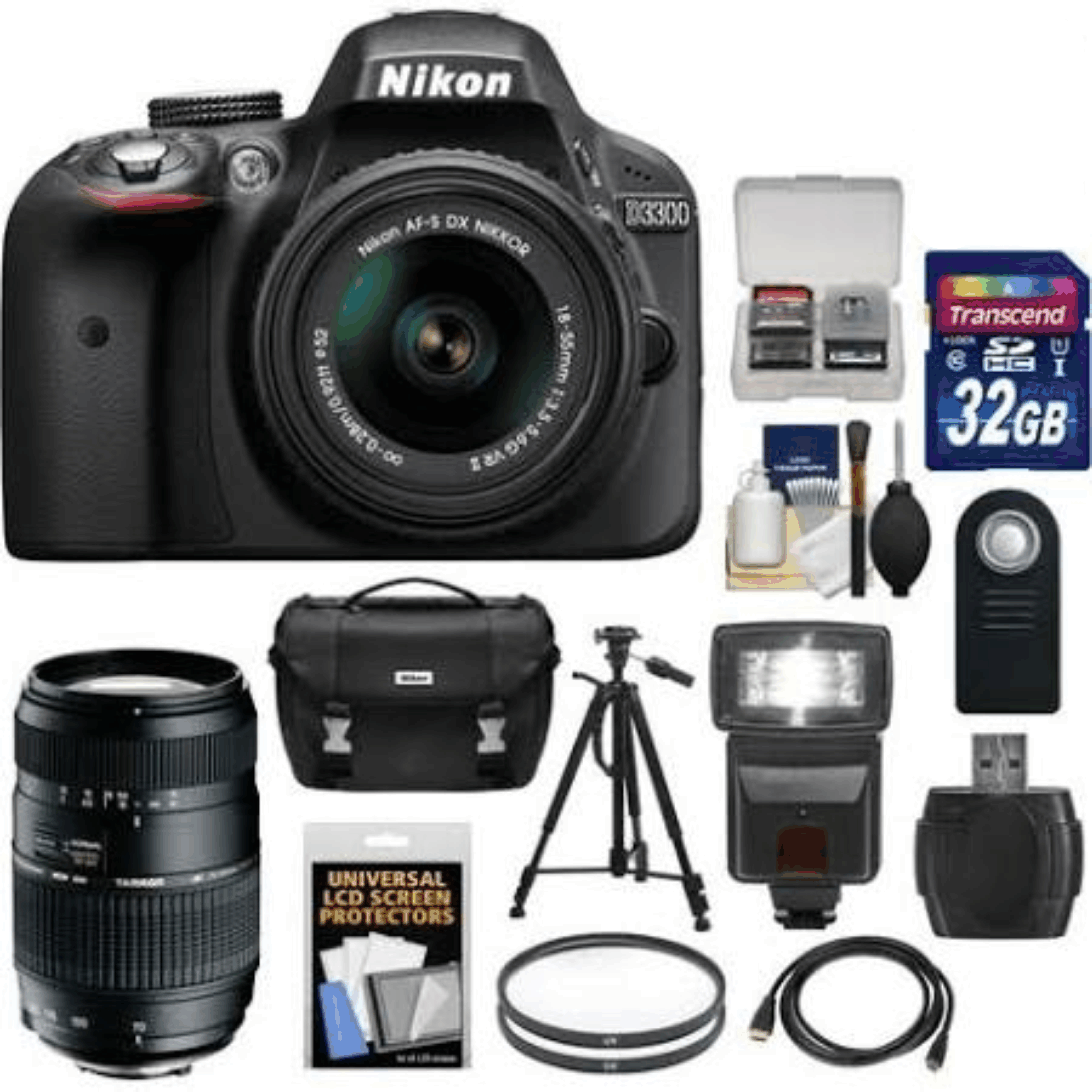 Nikon D3300 Digital SLR Camera & 18-55mm G VR DX II AF-S Zoom Lens (Black) with 70-300mm Lens + 32GB Card + Case + Filters + Flash + Tripod + Accessory Kit 13