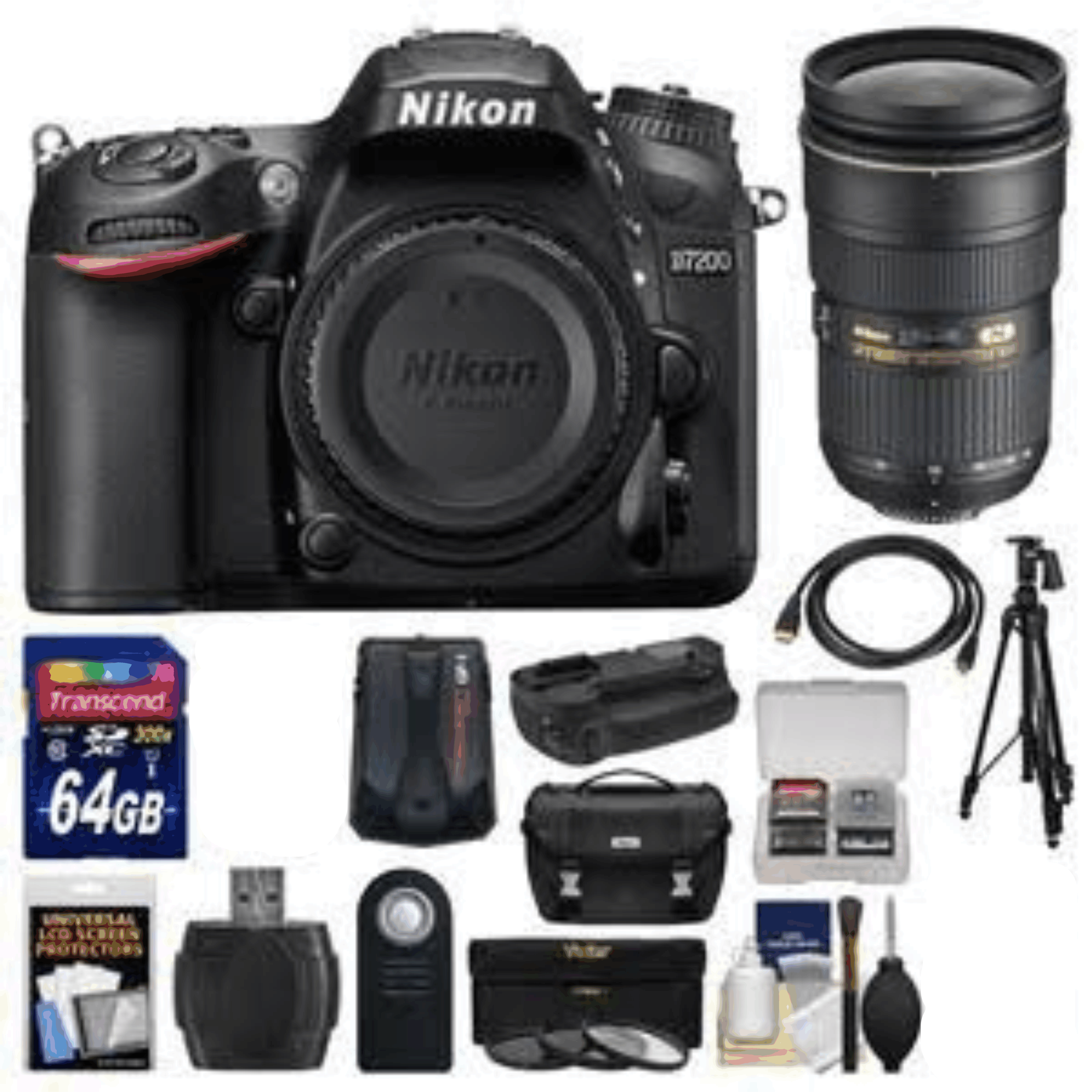 Nikon D7200 Wi-Fi Digital SLR Camera Body with 24-70mm f/2.8G AF-S Lens + 64G Card + Case + Grip + Tripod + Kit 13