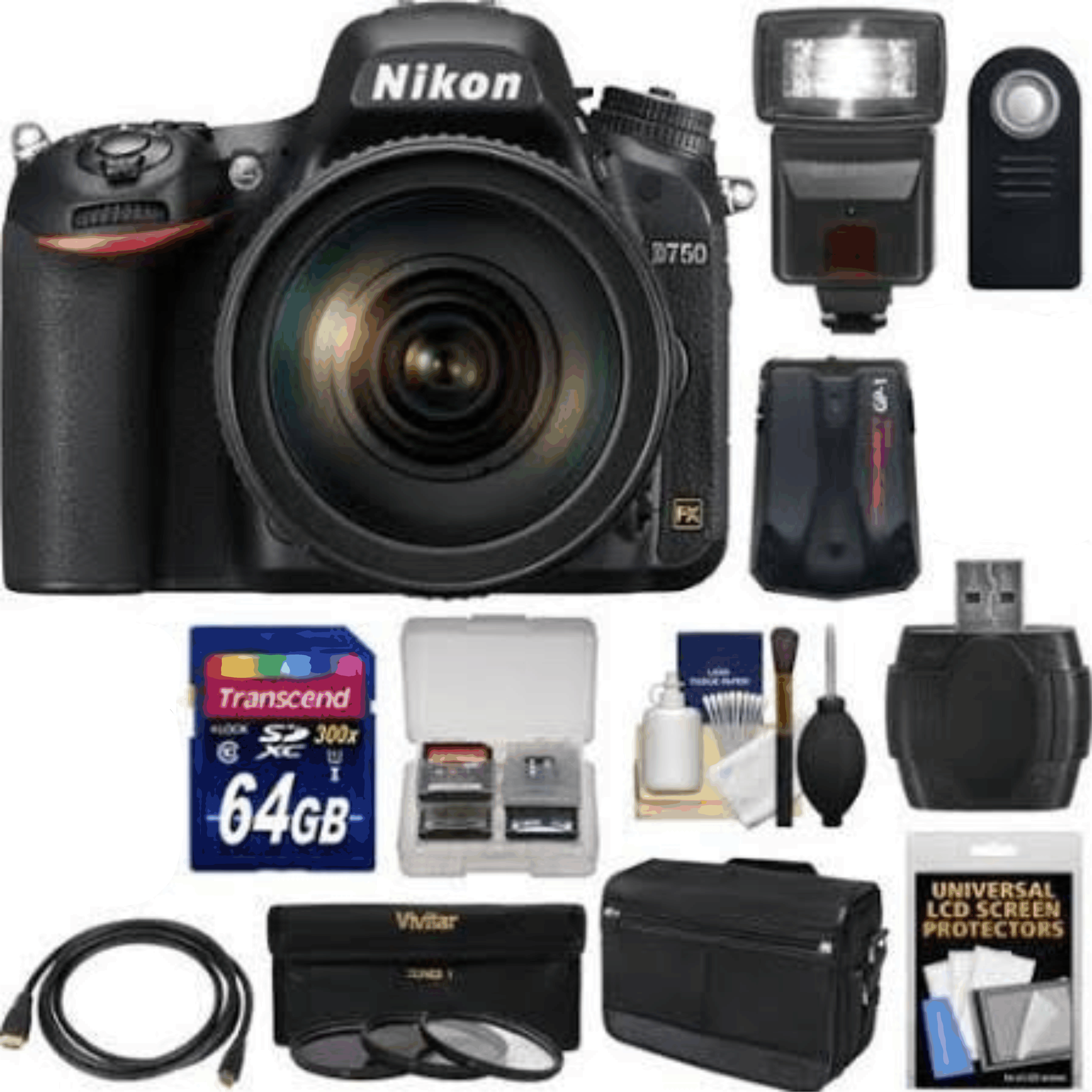 Nikon D750 Digital SLR Camera & 24-120mm f/4 VR Lens with 64GB Card + Messenger Bag + GPS Unit + Filters + Flash + Kit 13