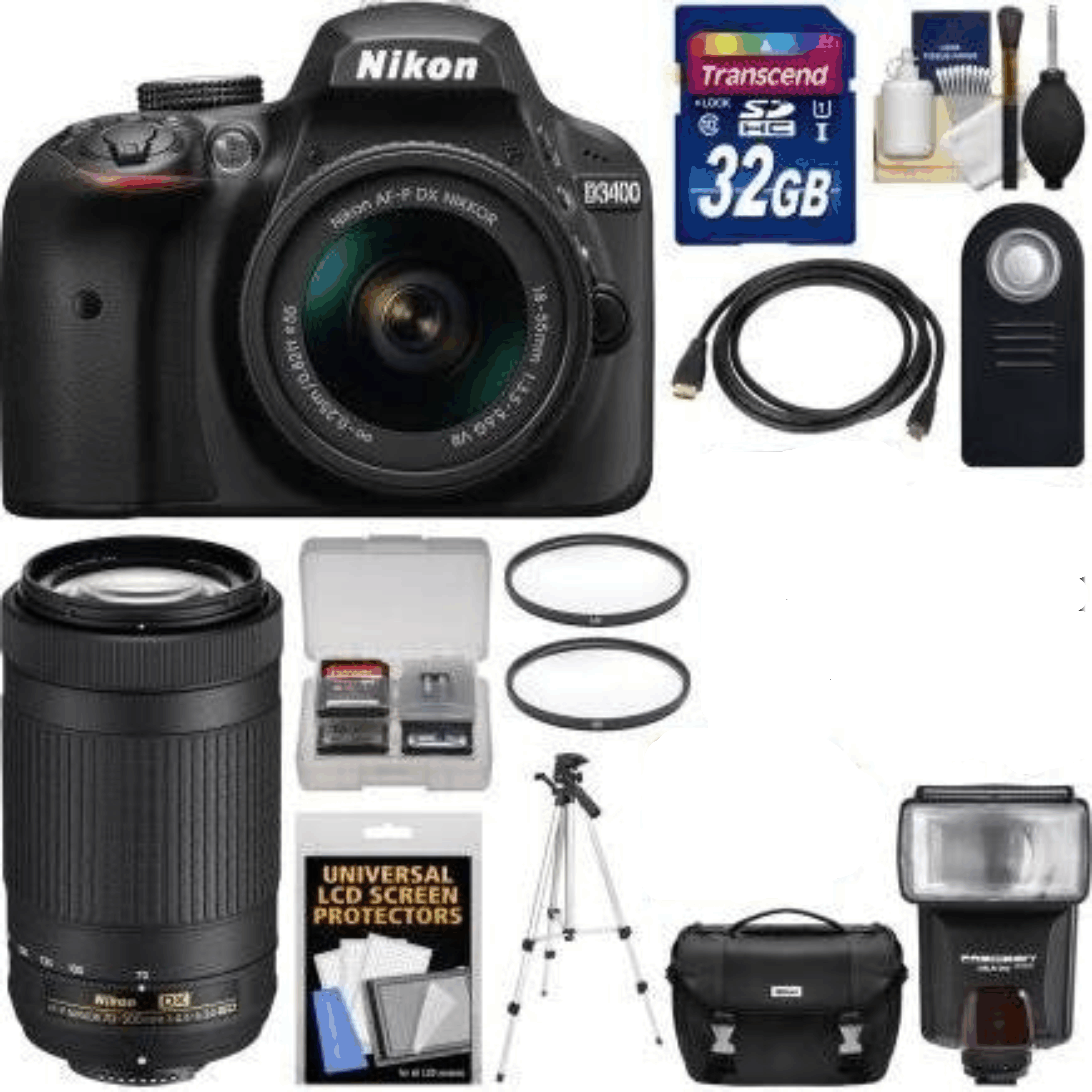 Nikon D3400 Digital SLR Camera & 18-55mm VR & 70-300mm DX AF-P Lenses with 32GB Card + Case + Flash +  Tripod + Filters + Kit 14