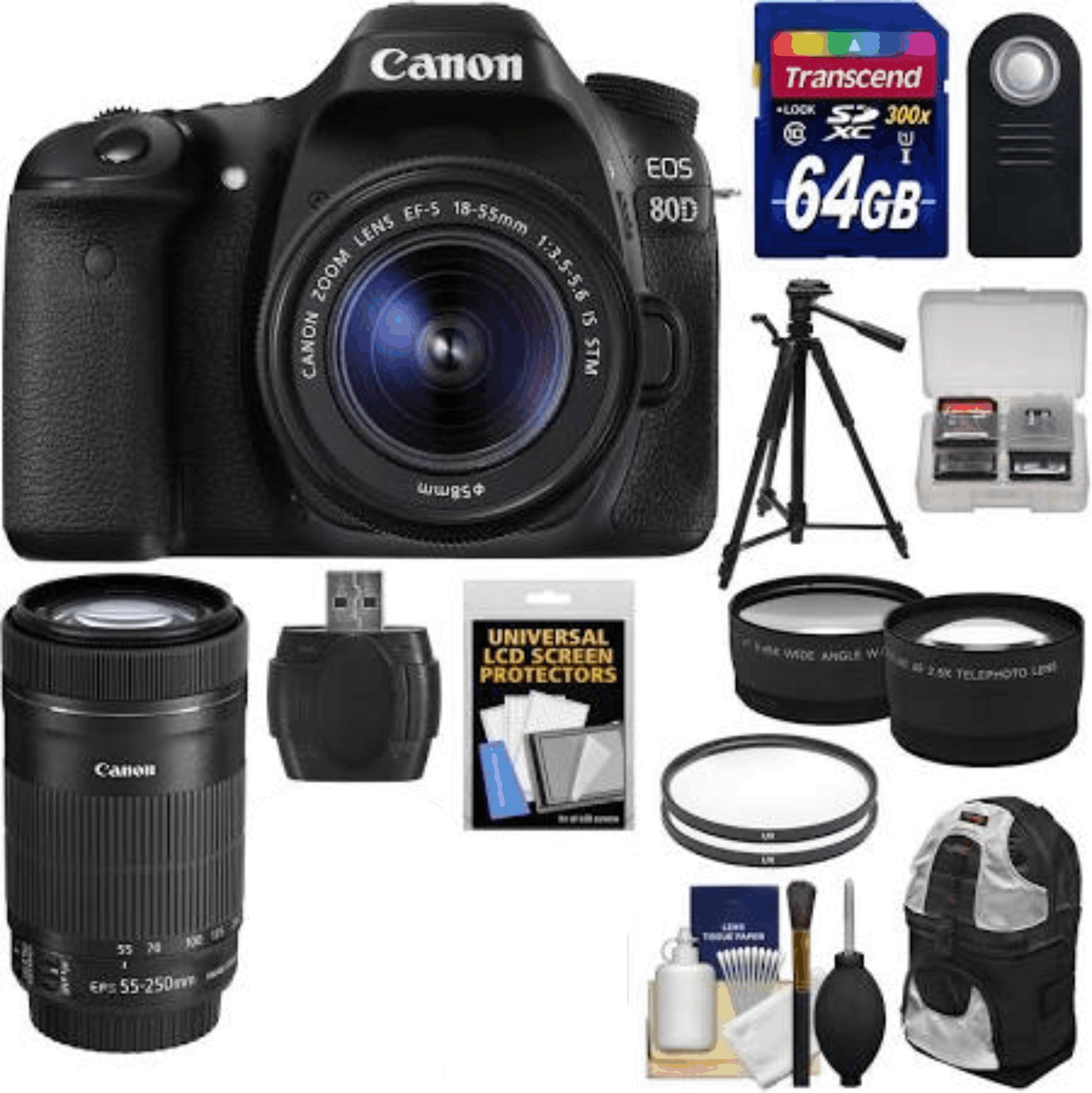 Canon EOS 80D Wi-Fi Digital SLR Camera & EF-S 18-55mm is STM with 55-250mm is STM Lens + 64GB + Battery & Charger + Backpack + Tripod + 2 Lens Kit 14