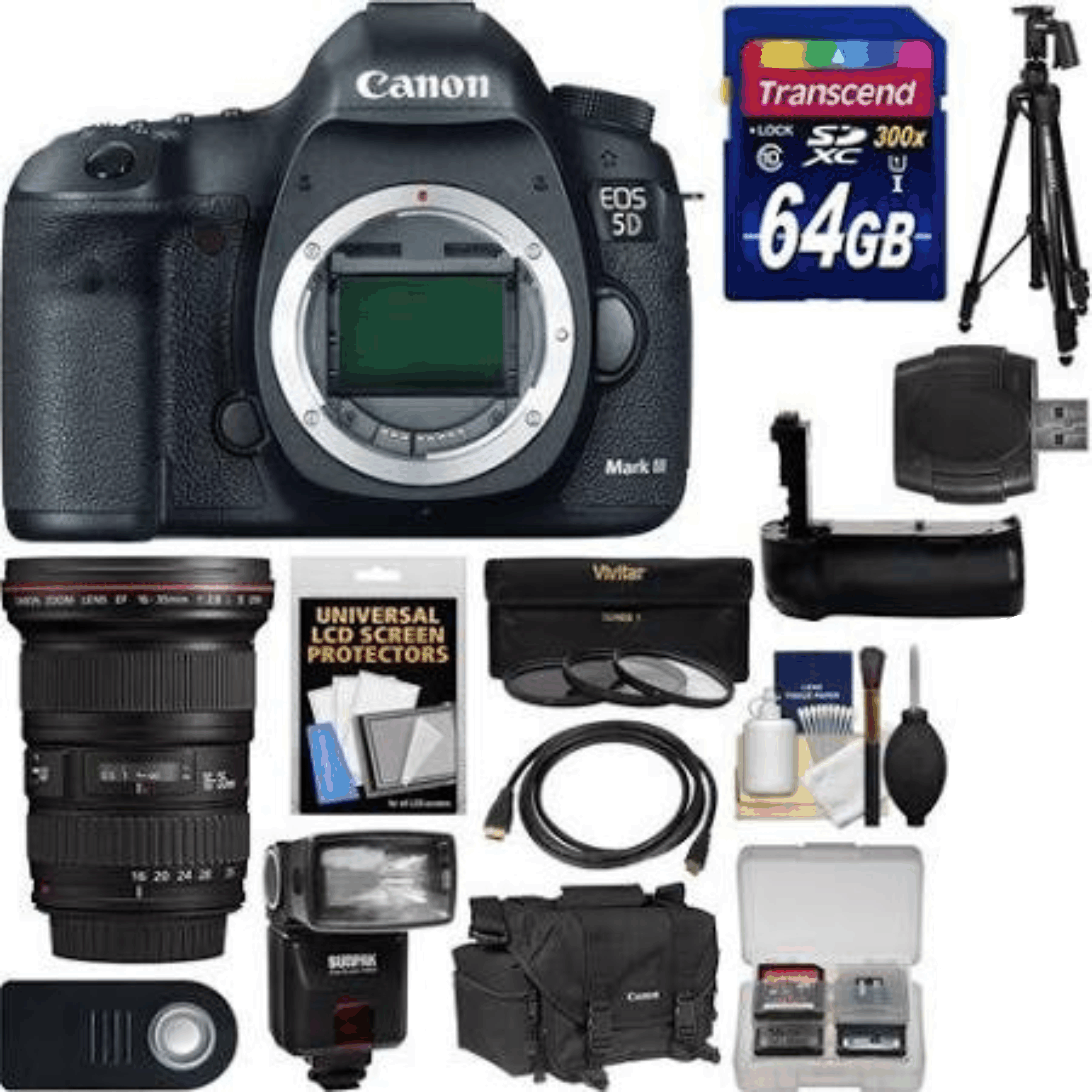 Canon EOS 5D Mark III Digital SLR Camera Body with 16-35mm f/2.8 L Lens + 64GB Card + Case + Flash + Grip + Tripod Kit 14