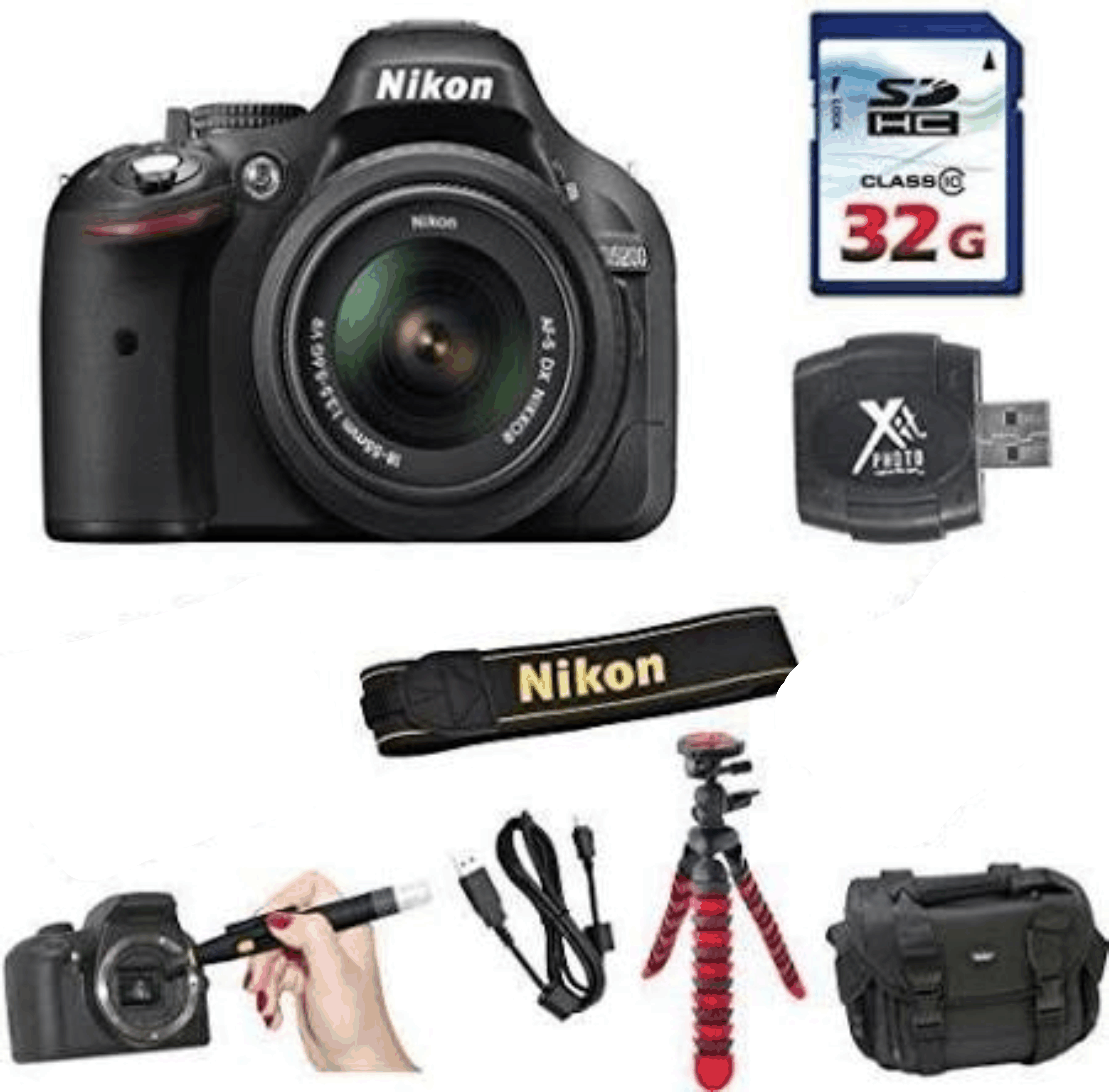 Nikon D5200 DSLR Body + Nikon 18-55mm VR Lens + 32GB Class 10 Memory Card + Deluxe Case + High Speed Card Reader + 2 in 1 Lens Cleaning Pen, Black KIT 14