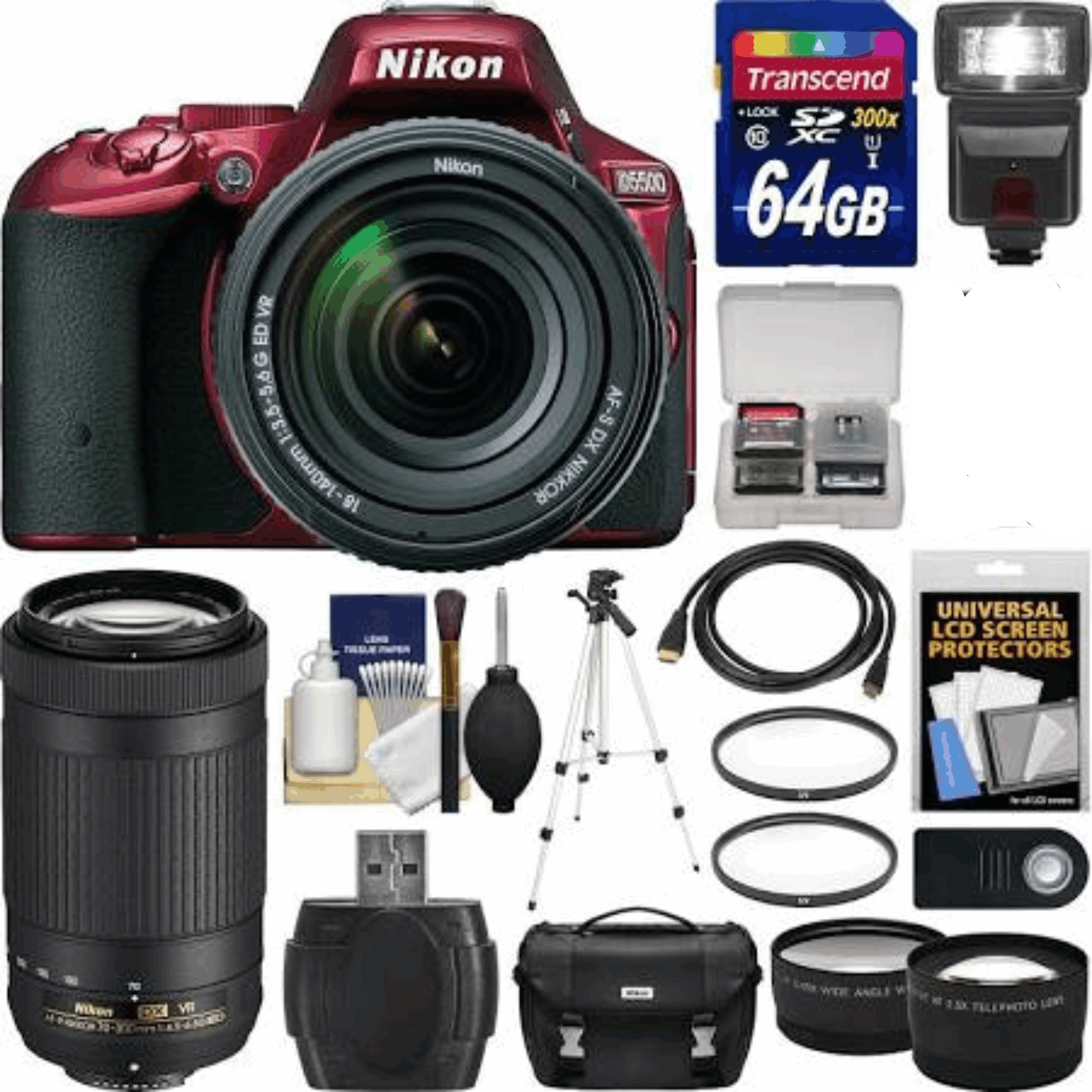 Nikon D5500 Wi-Fi Digital SLR Camera & 18-140mm VR DX AF-S (Red) with 70-300mm VR AF-P Lens + 64GB Card + Case + Flash + Tripod + 2 Lens Kit kit 14