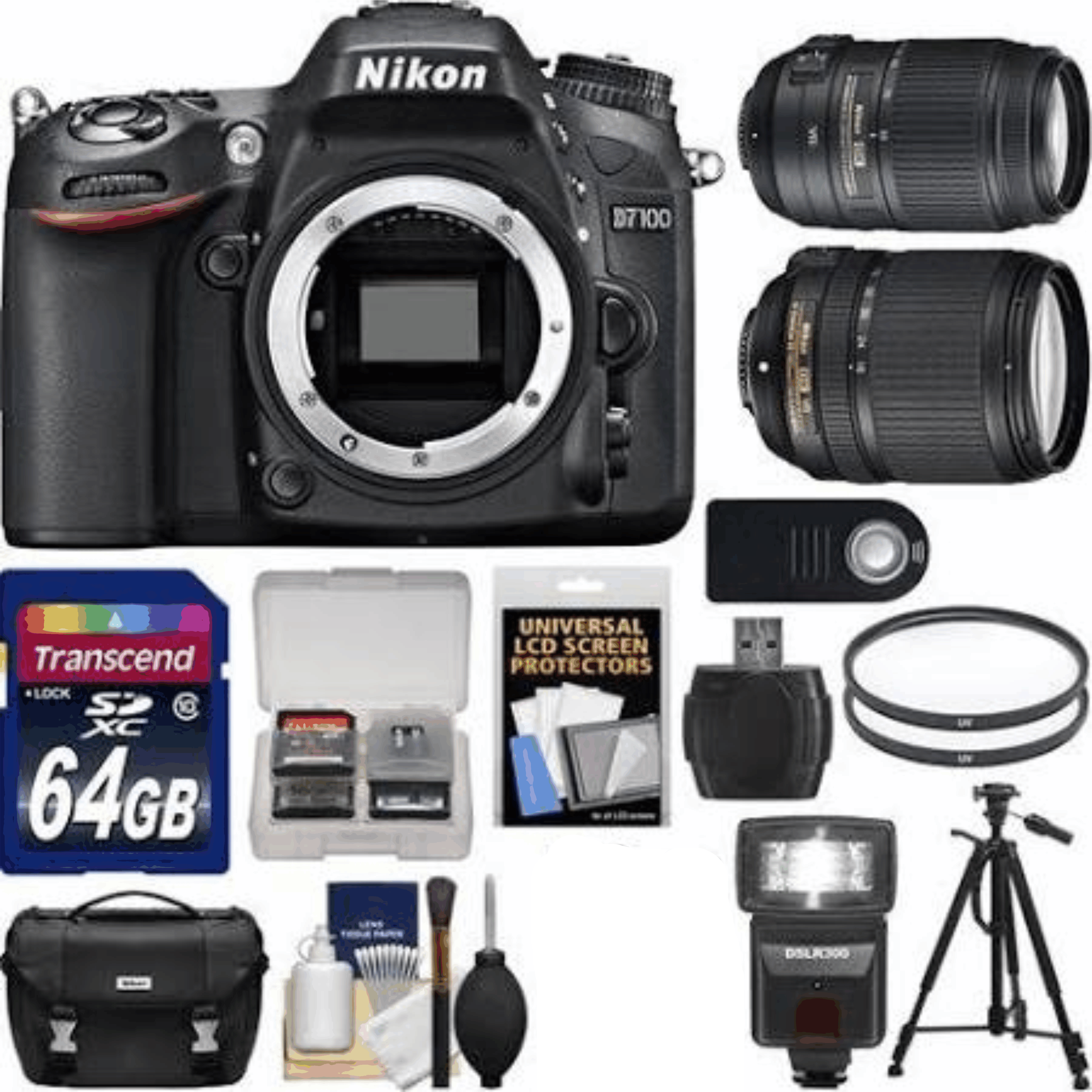 Nikon D7100 Digital SLR Camera Body with 18-140mm & 55-300mm VR Lens + 64GB Card + Case + LED Flash + Tripod Kit 14