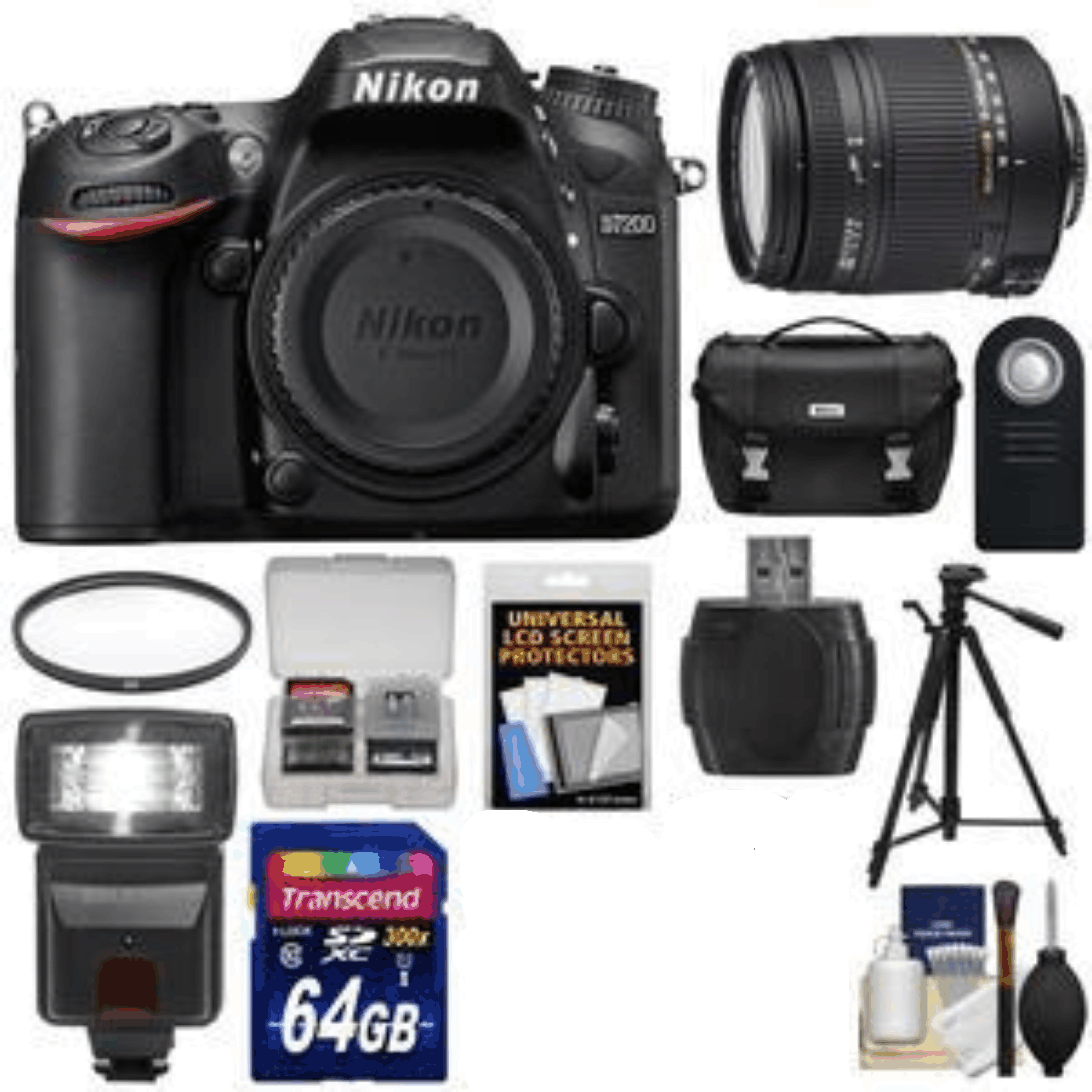 Nikon D7200 Wi-Fi Digital SLR Camera Body with Sigma 18-250mm OS Lens + 64GB Card + Case + Tripod + Flash Kit 14