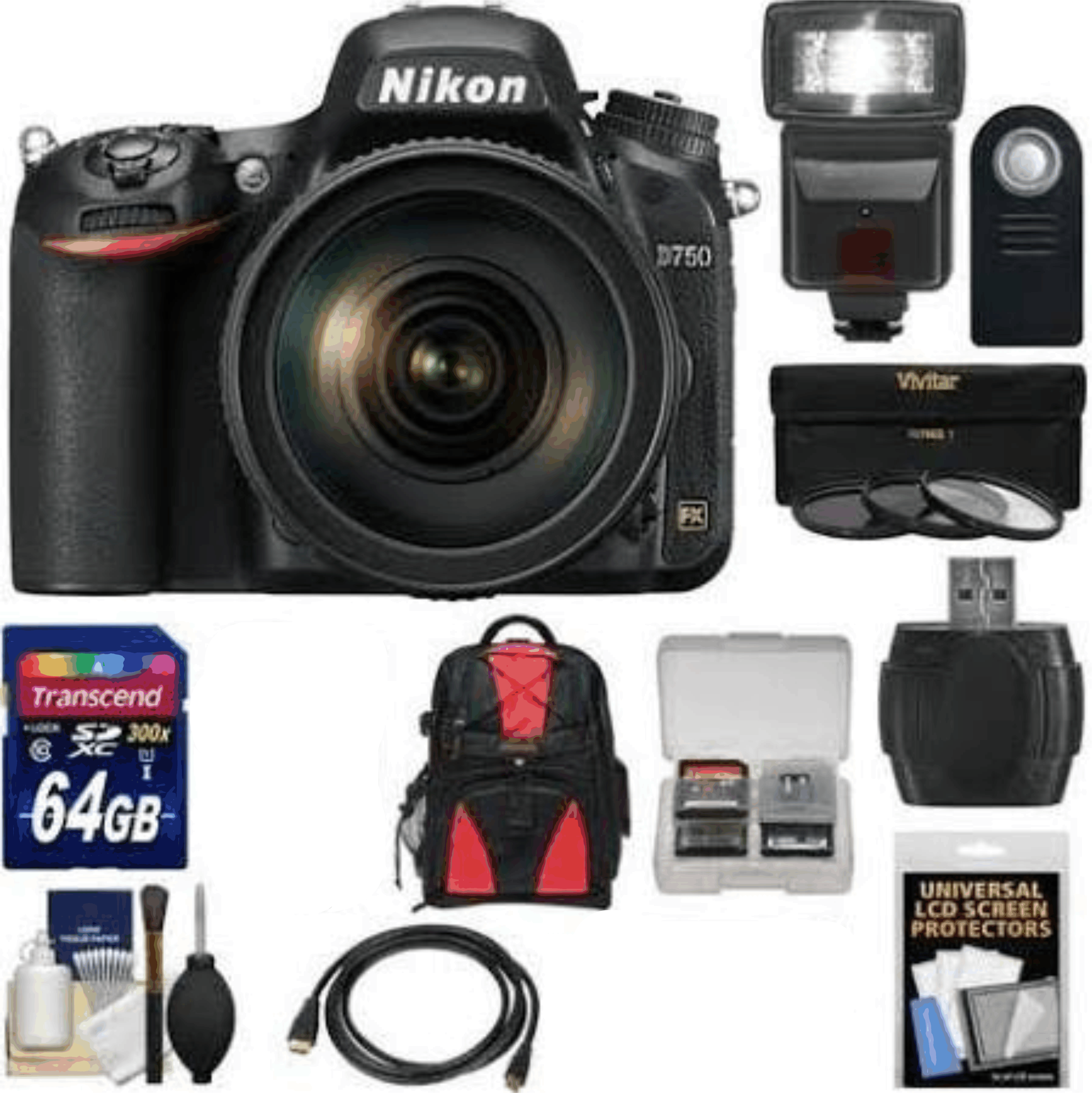 Nikon D750 Digital SLR Camera + 24-120mm f/4 VR Lens with 64GB Card + Backpack + 3 Filters + Flash + Kit 14