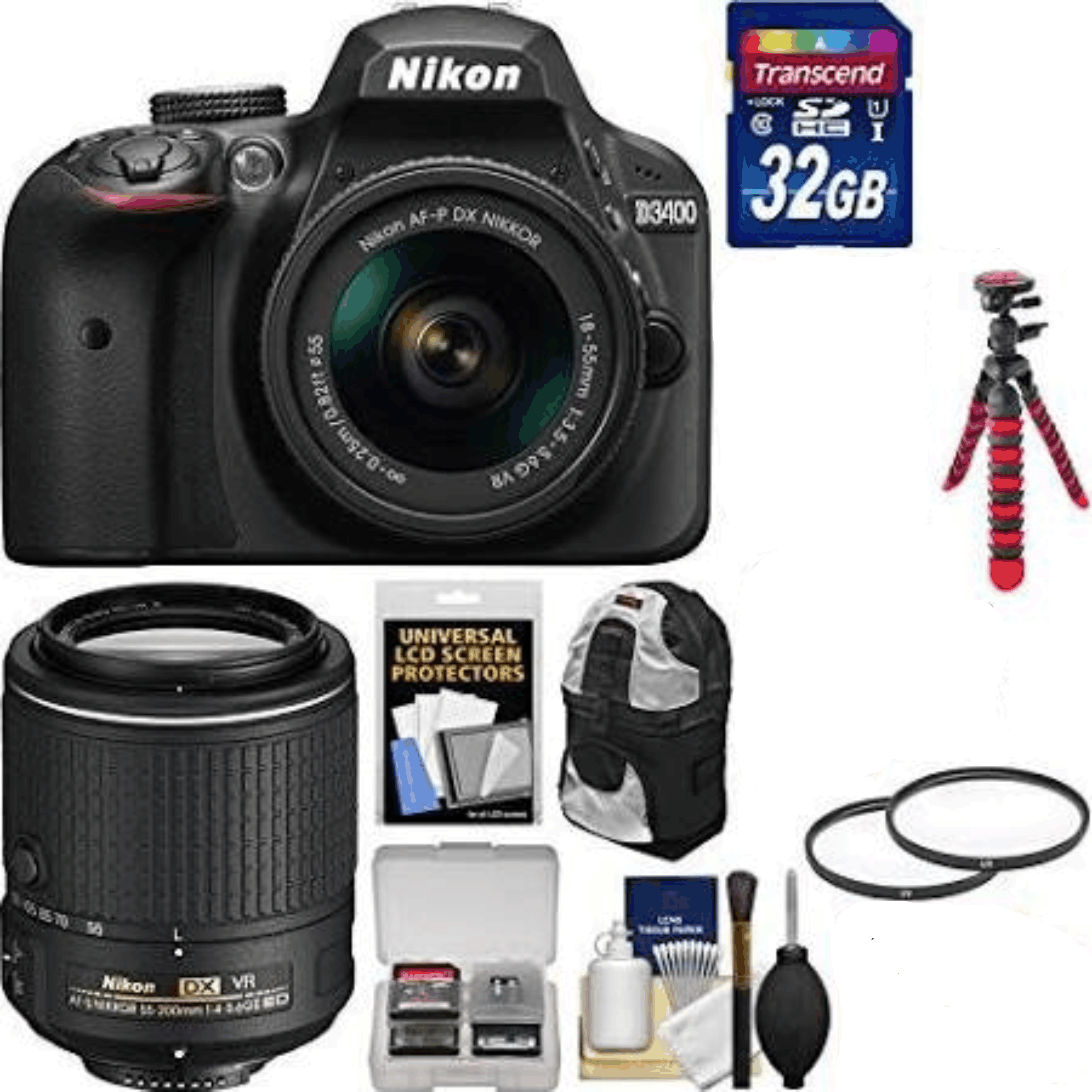 Nikon D3400 Digital SLR Camera & 18-55mm VR DX AF-P (Black) with 55-200mm VR Lens + 32GB Card + Backpack + Tripod + Filters + Kit 15