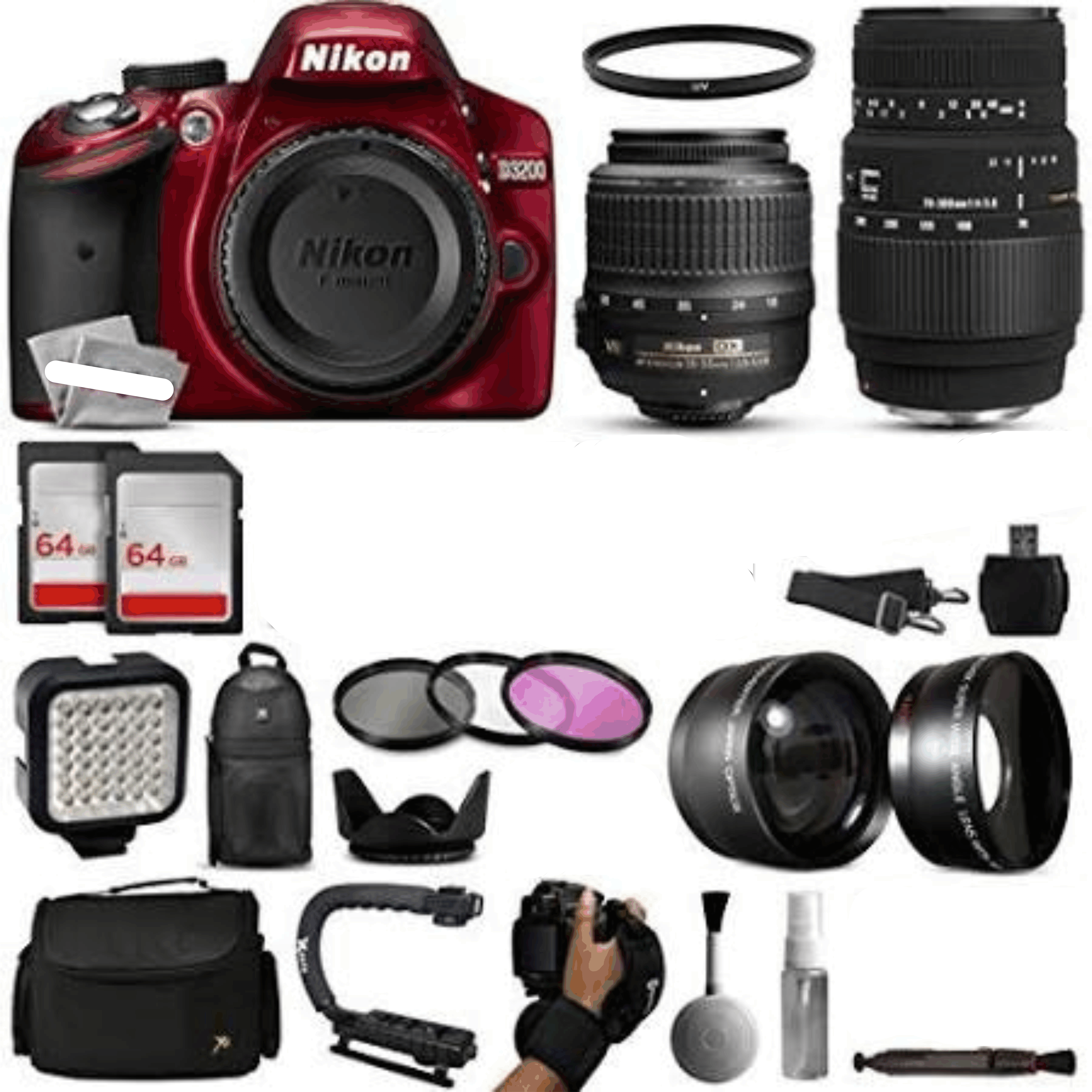 Nikon D3200 Red DSLR Digital Camera + 18-55mm VR + Sigma 70-300mm Lens + LED Video Light + Backpack + Filters + Case kit 15