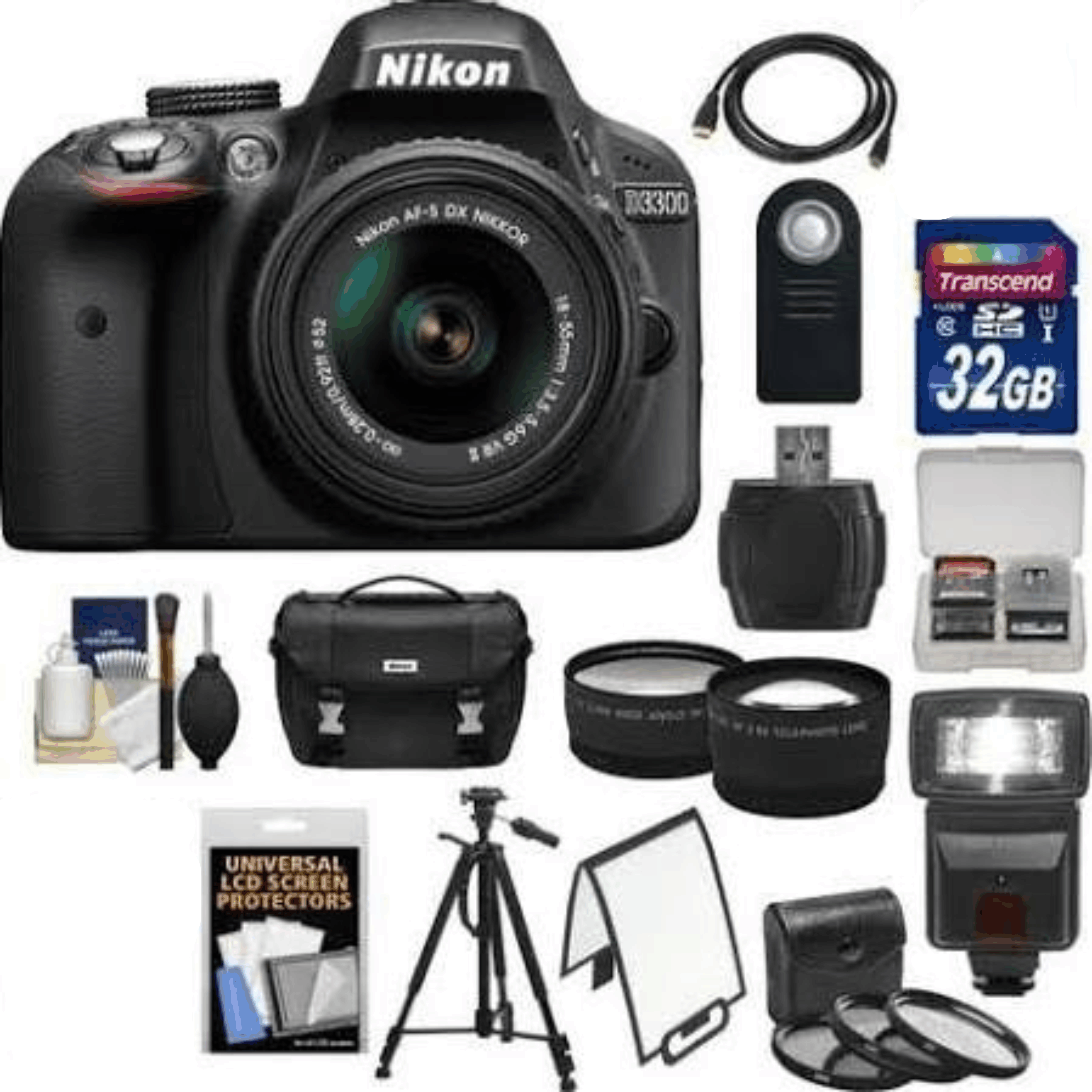 Nikon D3300 Digital SLR Camera & 18-55mm G VR DX II AF-S Zoom Lens (Black) with 32GB Card + Case + Tripod + Flash + Tele/Wide Lens Kit 15